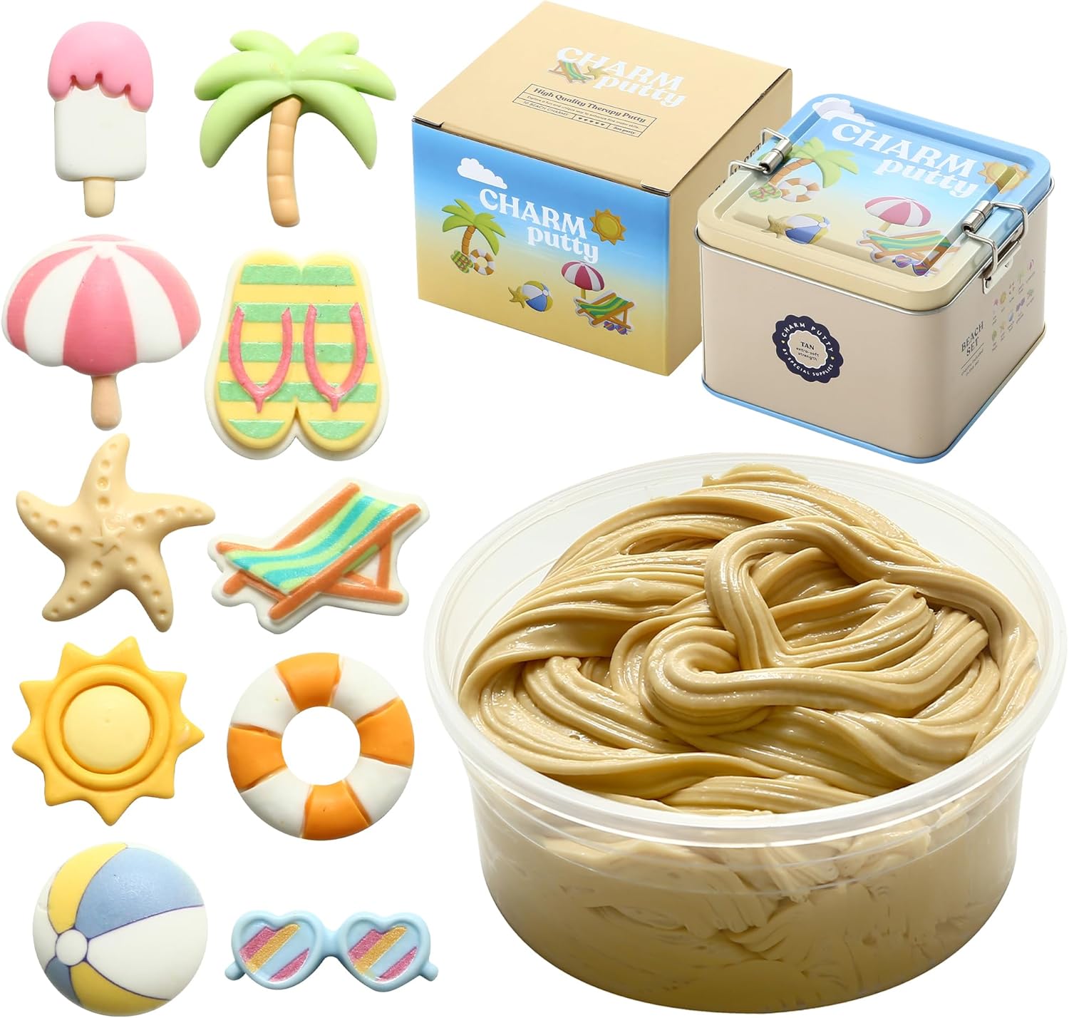 Sensory Therapy Putty for Kids and Adults with 10 Cute Charms - Resistive Hand Exercise Stress Relief Therapy Putty, Five Ounces of Each Putty (Beach Set - Strength: X - Soft) - Insight Family Market