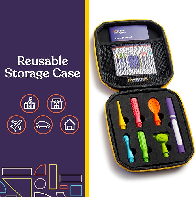 Reusable storage case with colorful tools and a user manual on a white background