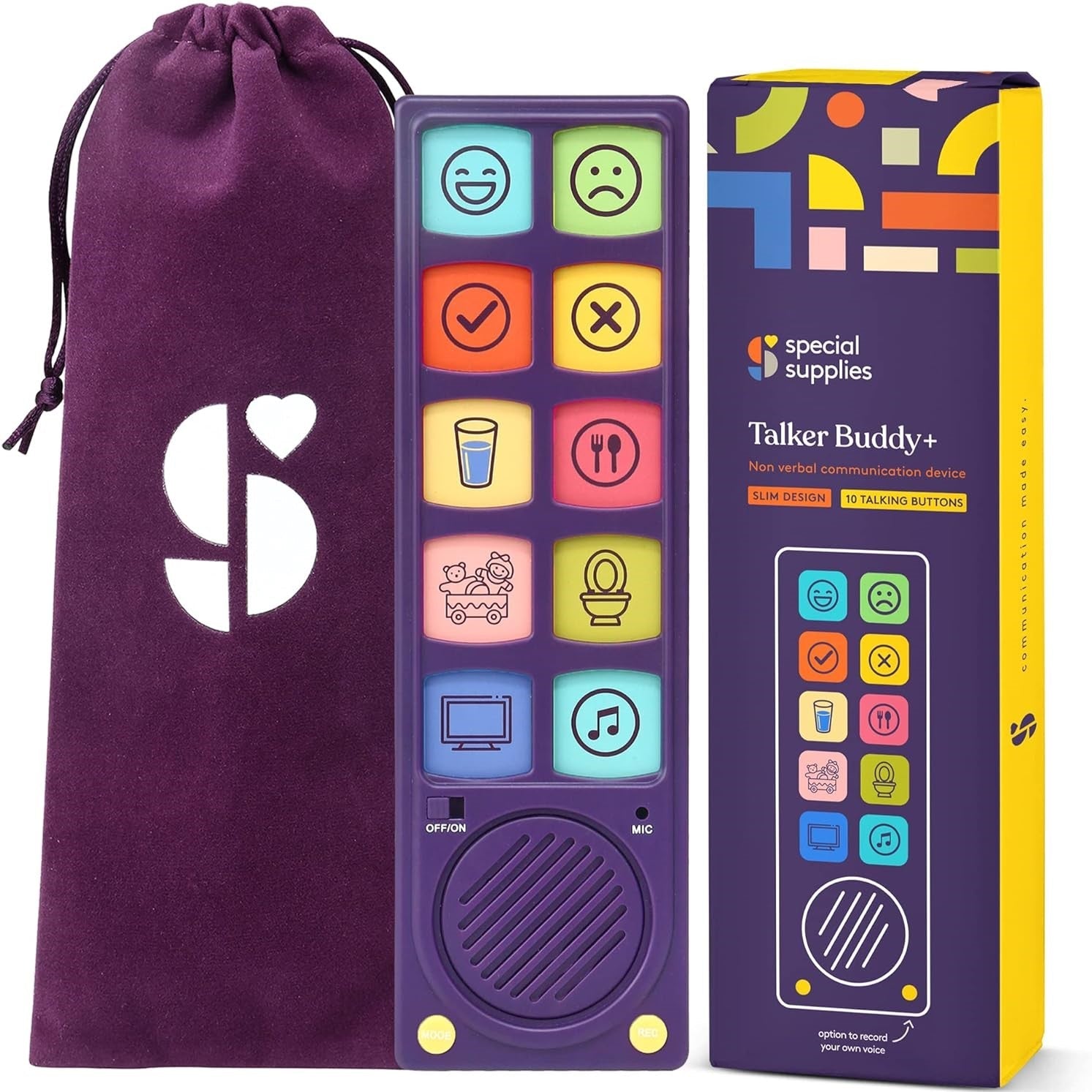 Purple communication device with colorful icons next to its packaging and carrying bag.
