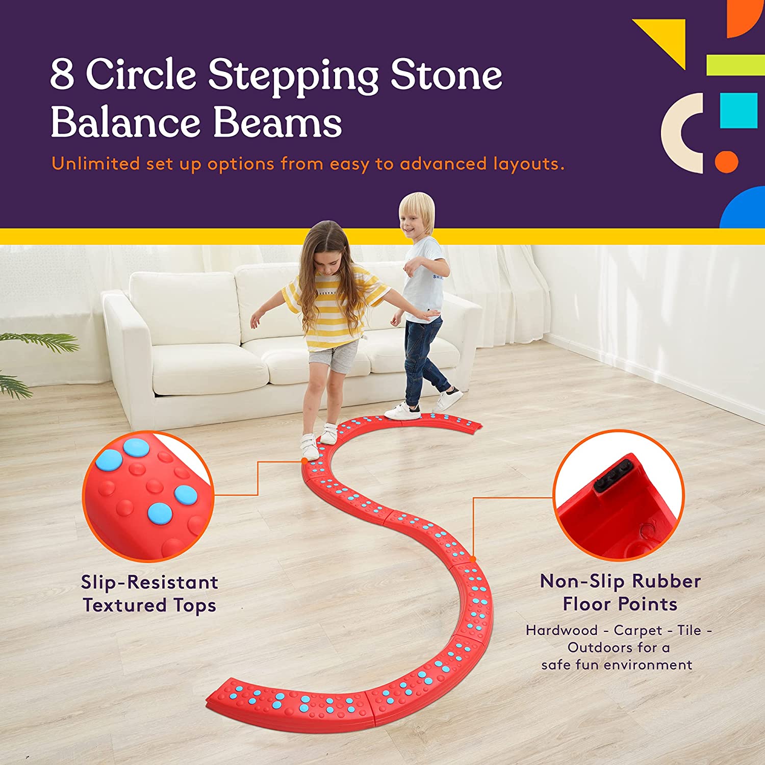 Wavy Circle Balance Beams Stepping Stones for Kids, 8 Pc - Insight Family Market