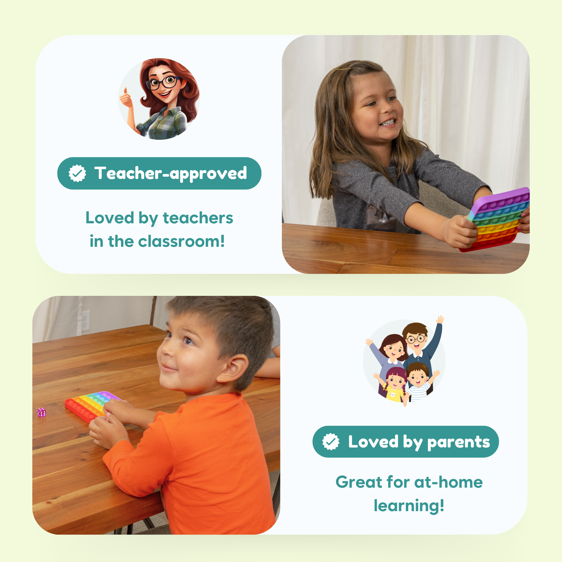 Children playing with colorful toys, with text indicating teacher and parent approval.