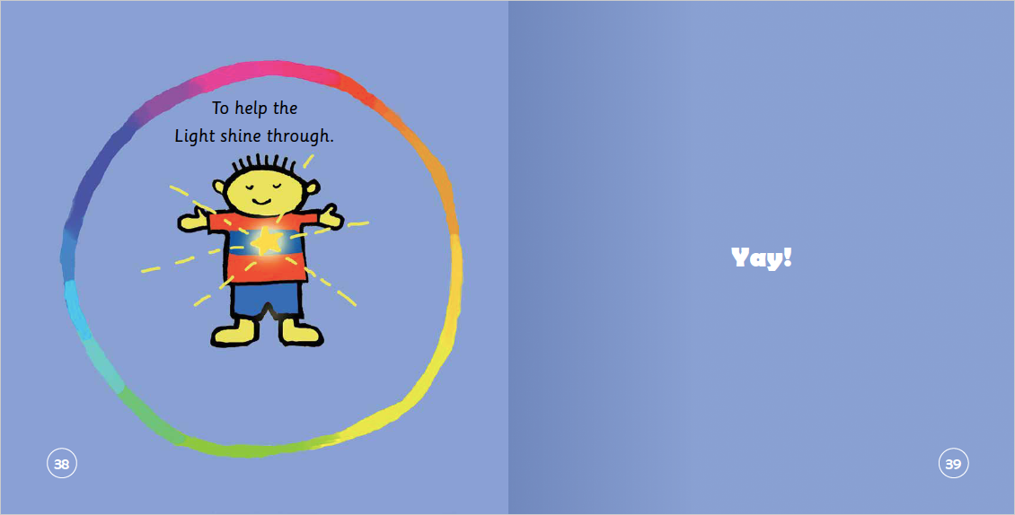 Illustration of a character with a rainbow circle and text on a blue background