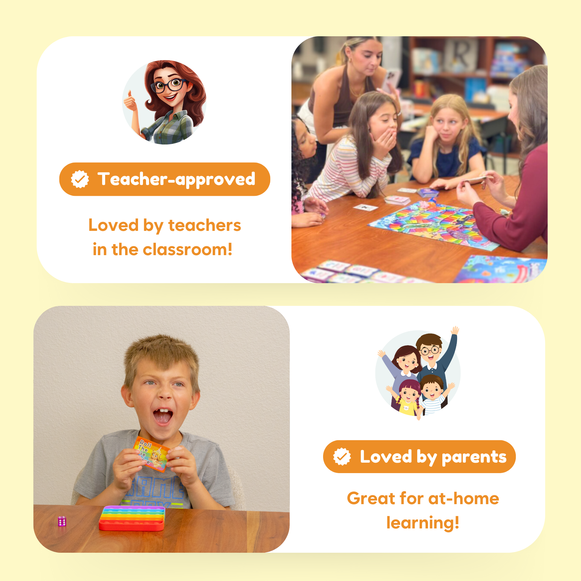 Promotional graphic for educational products with text 'Teacher-approved' and 'Loved by parents', featuring children and a classroom setting.