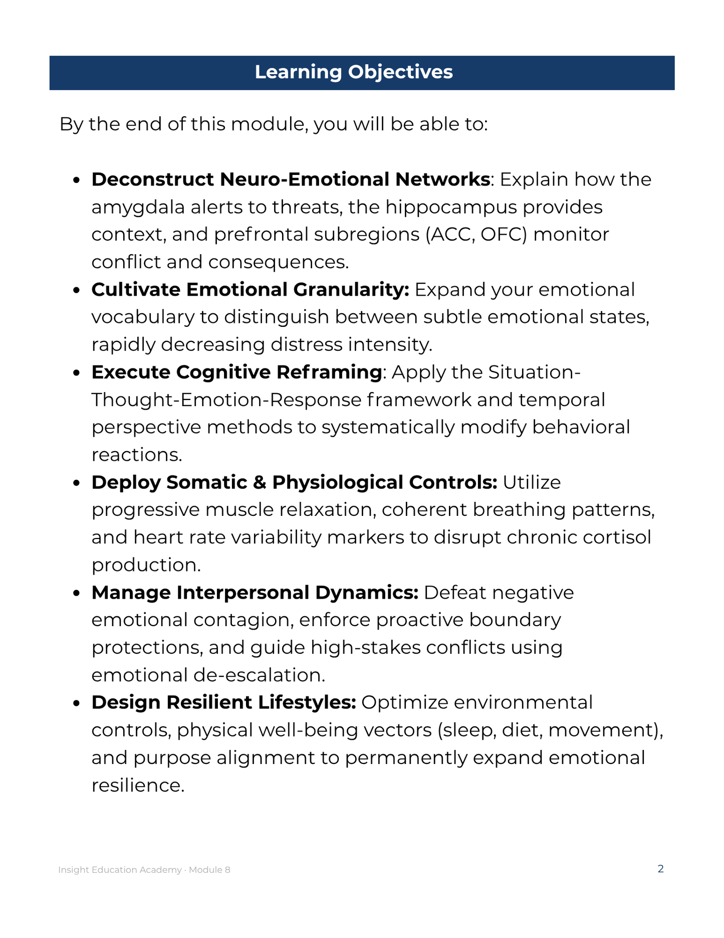 Learning objectives list for a module on neuro-emotional networks and resilience.