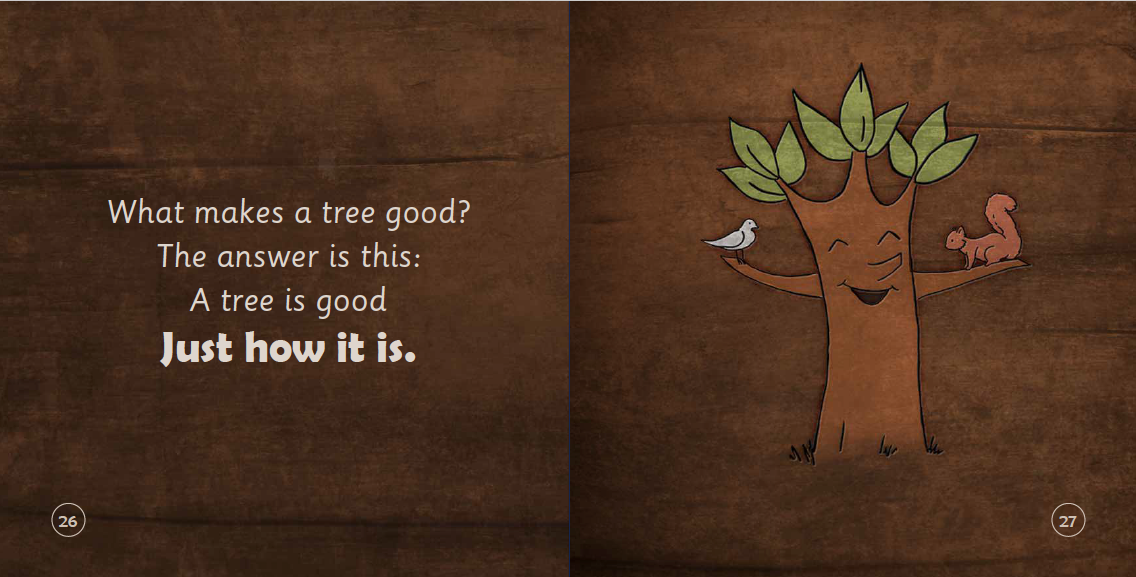 Illustration of a tree with a bird and squirrel on a wooden background with text.