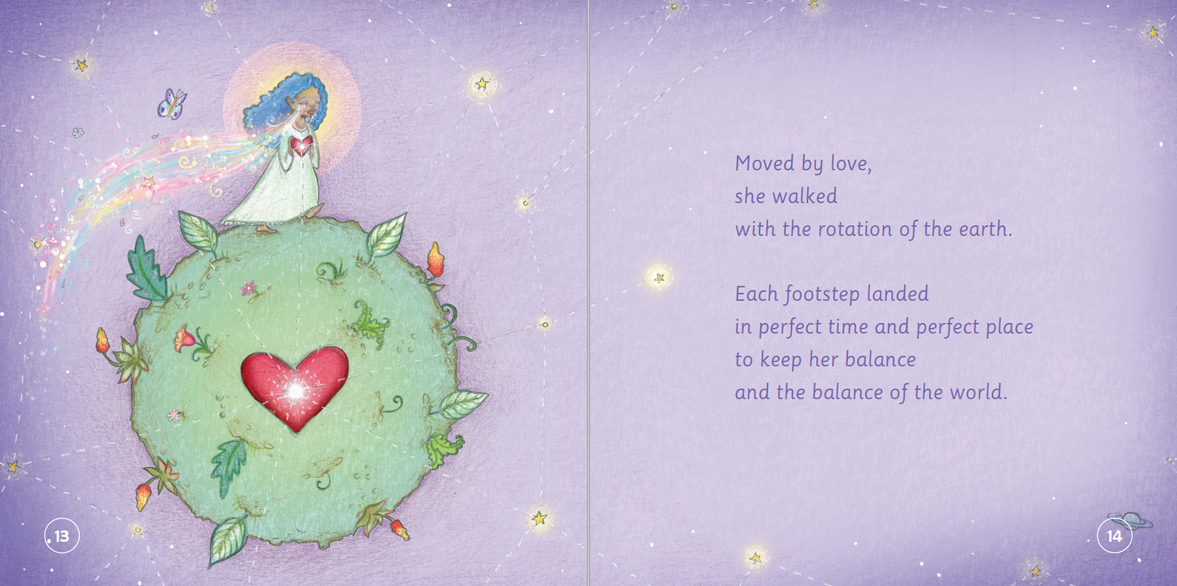 Illustration of a girl standing on a heart-shaped planet with stars and butterflies in the background.