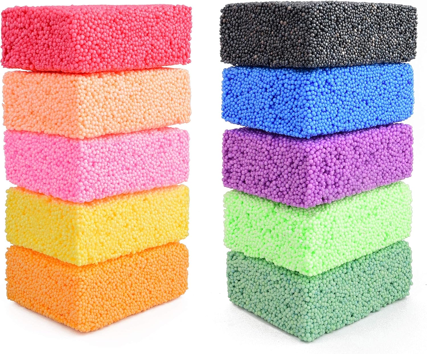 Set of colorful sponges arranged in two columns on a white background