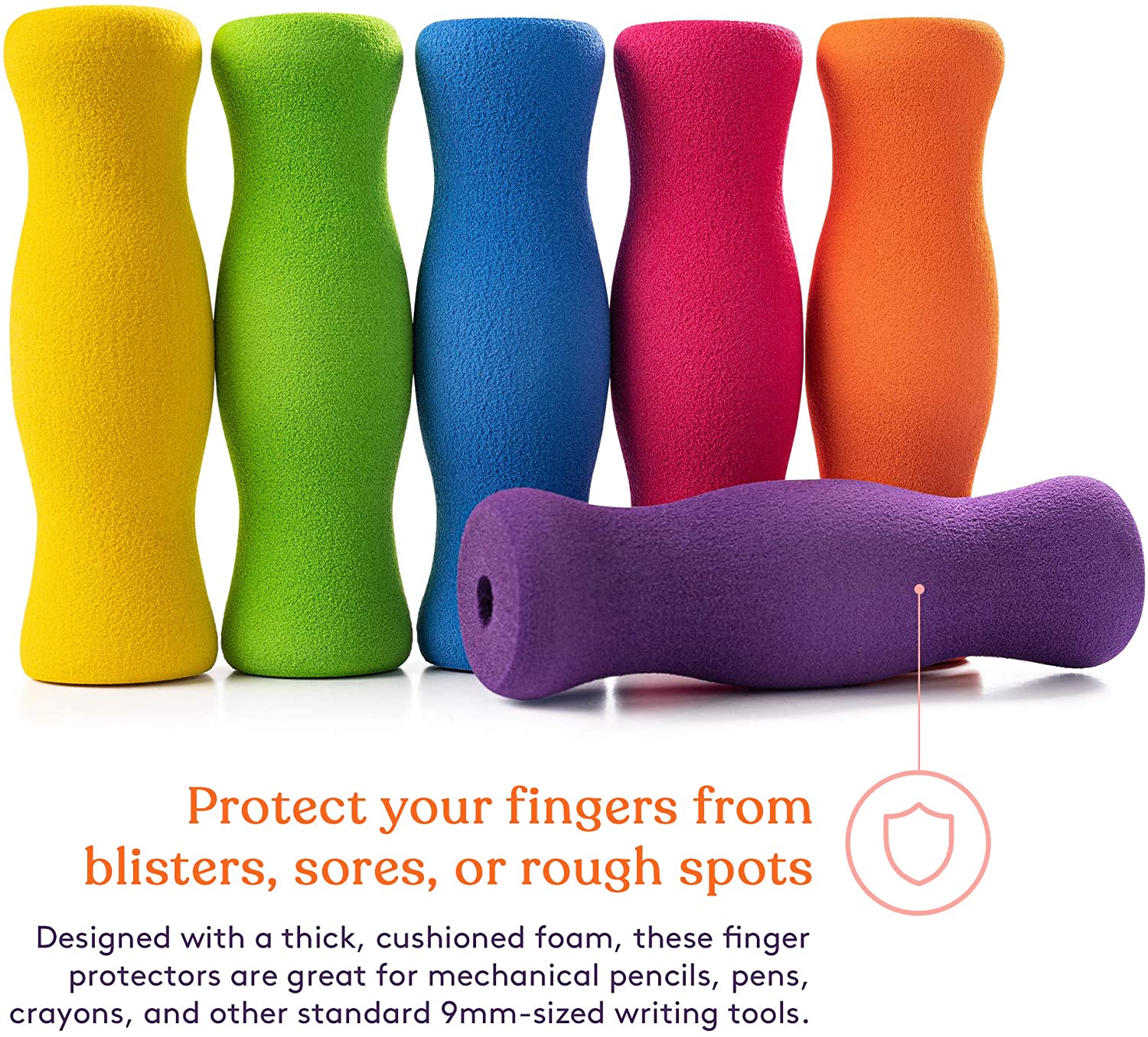 Set of colorful finger protectors on a white background with text about their use.
