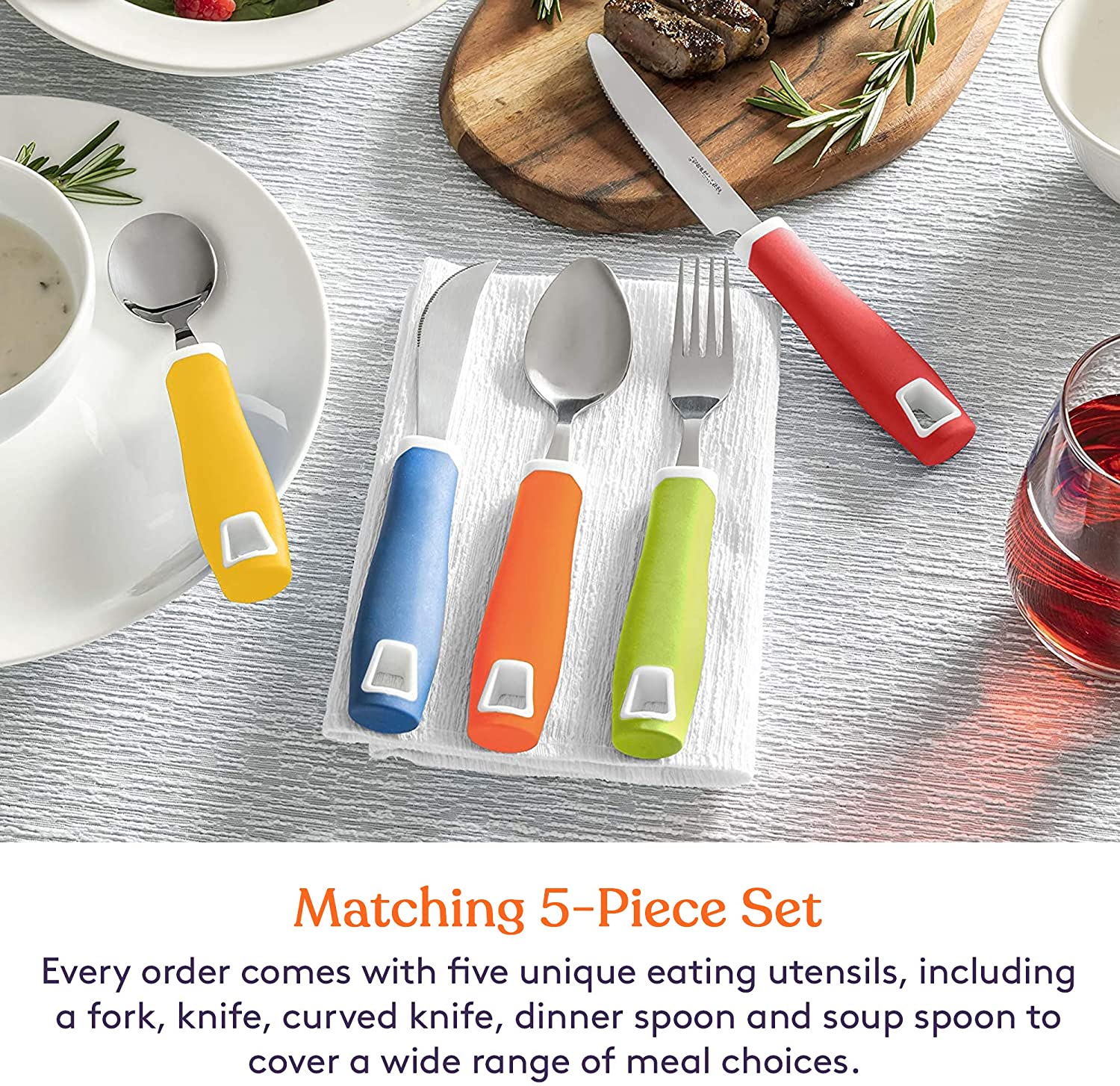Set of 5 Colored Adaptive Utensils - Stainless Steel Knife, Rocker Knife, Fork, Soup Spoon, Dinner Spoon - Insight Family Market
