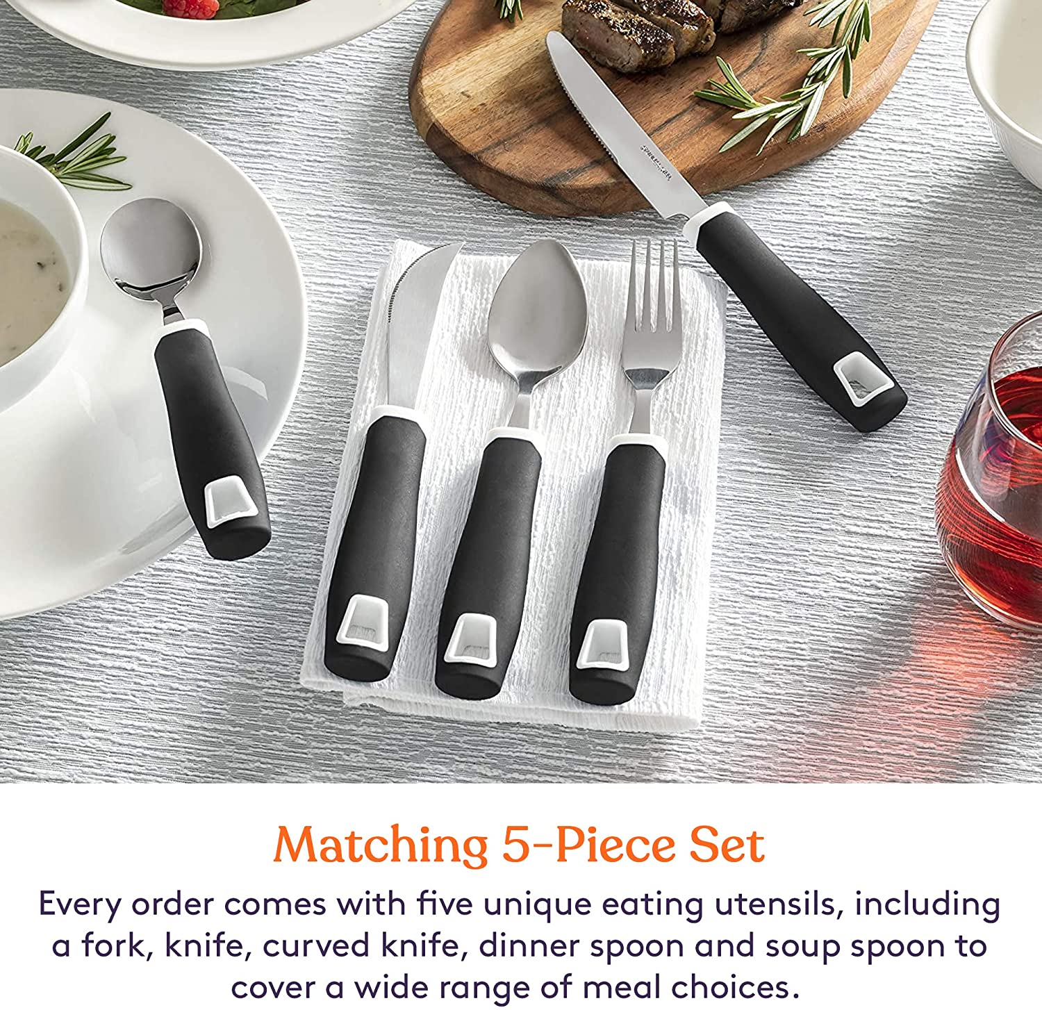 Set of 5 Black Adaptive Utensils - Stainless Steel Knife, Rocker Knife, Fork, Soup Spoon, Dinner Spoon - Insight Family Market
