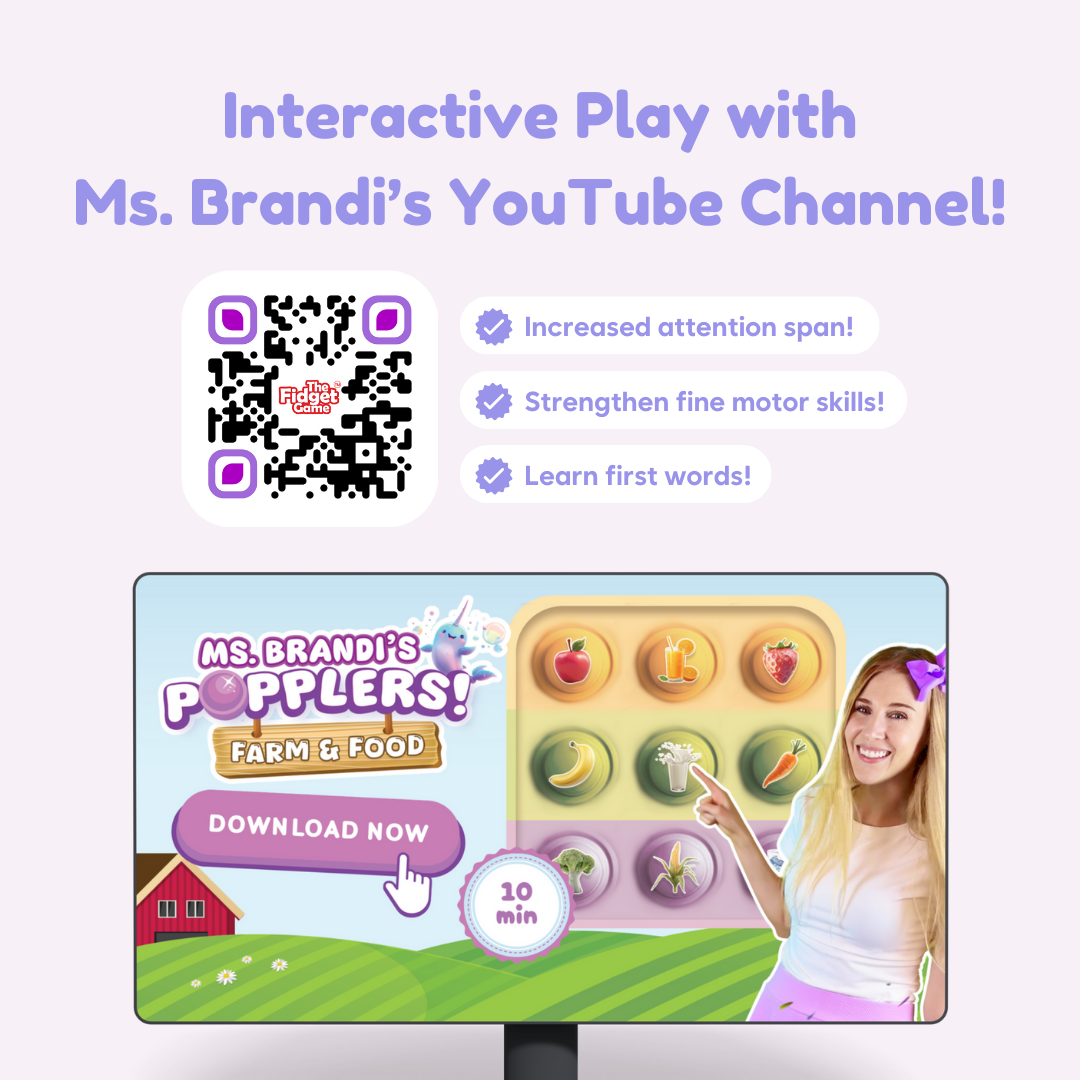 Promotional graphic for Ms. Brandi's YouTube channel with a QR code and interactive elements.