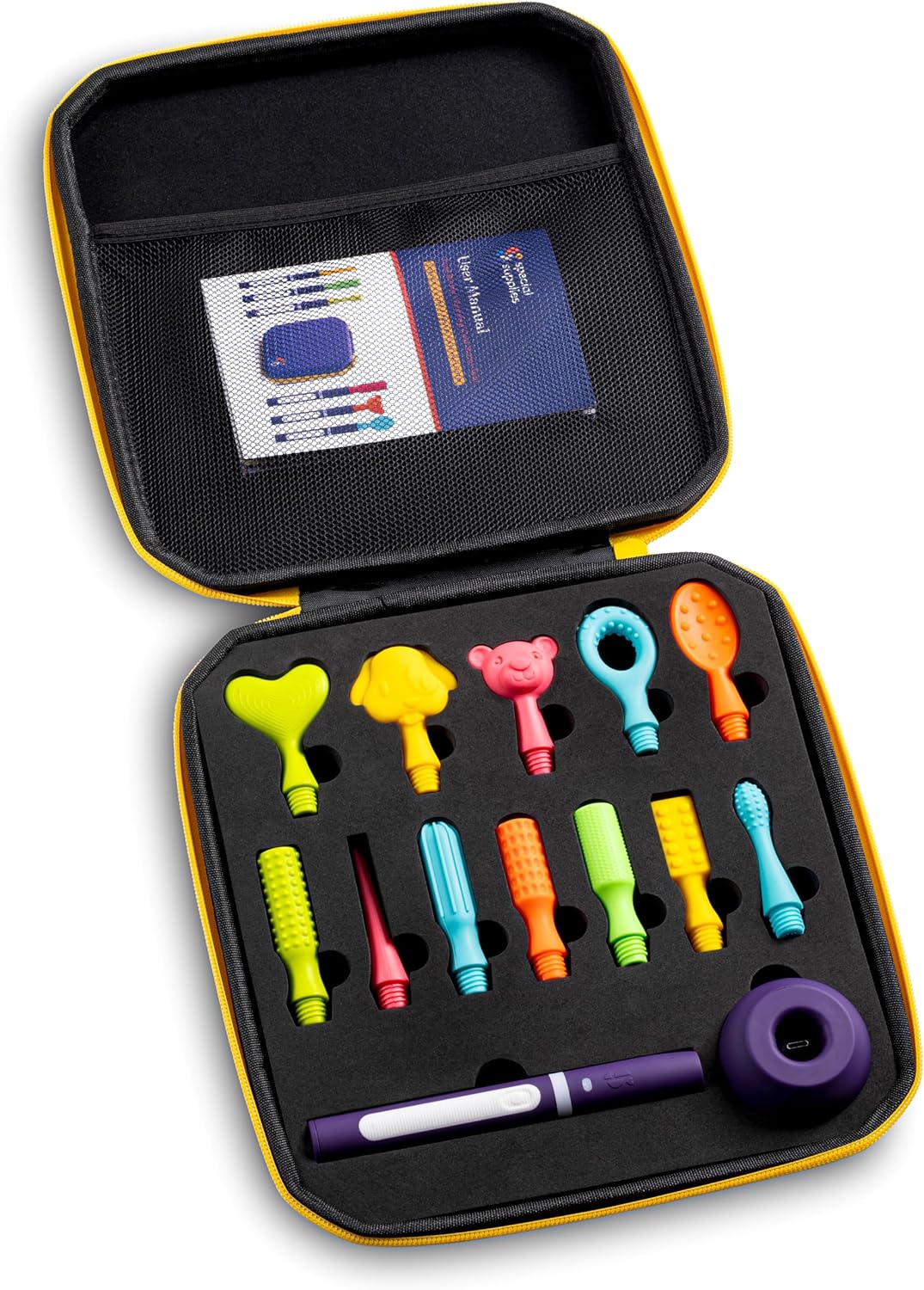 Set of colorful fishing lure hooks in a black case with a white background
