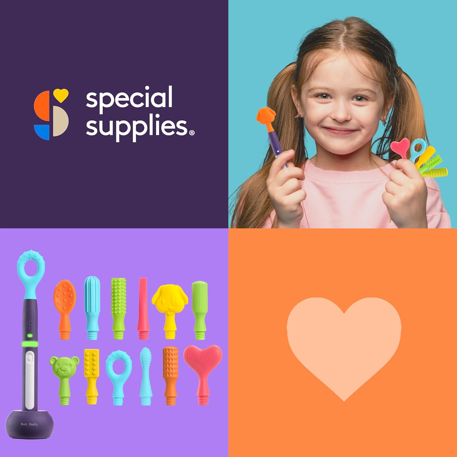 Child holding colorful tools with 'special supplies' logo and heart design.