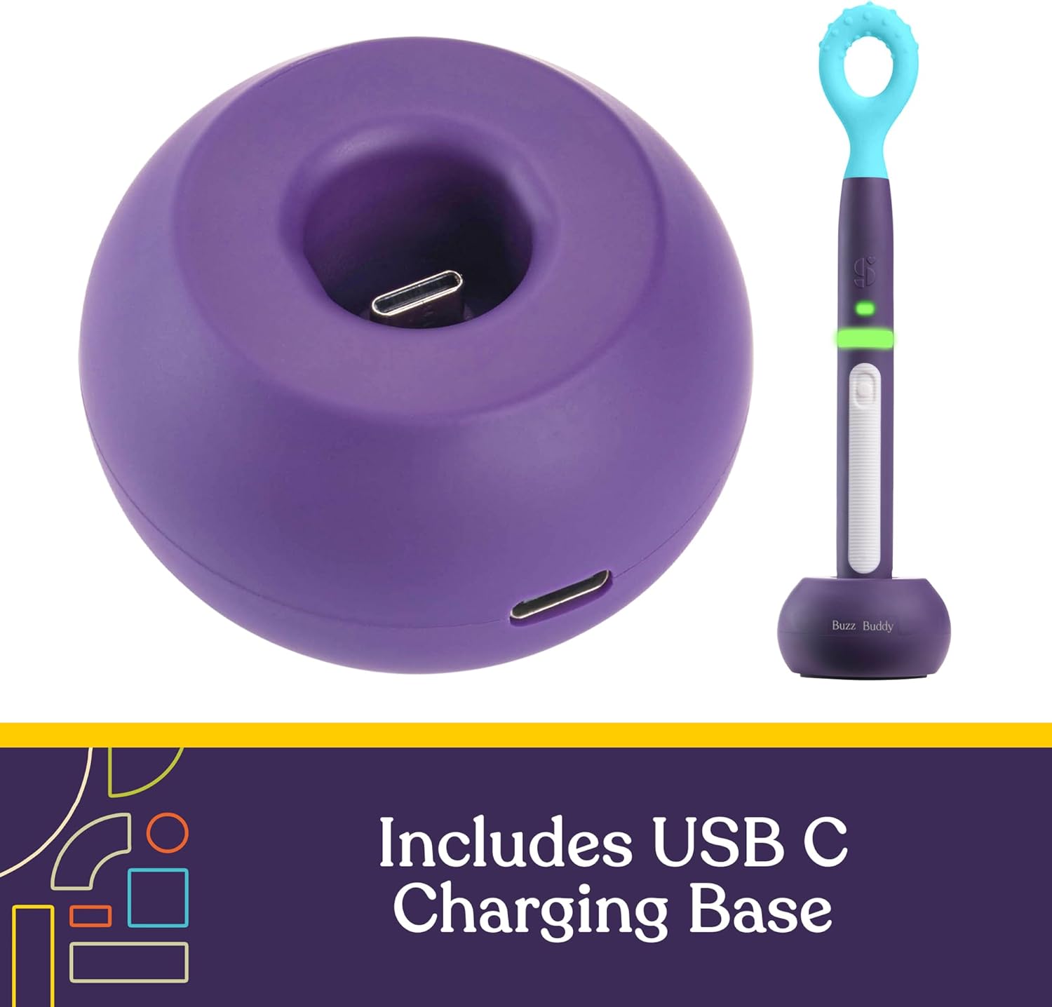 Purple charging base with USB C connection and a small device on a white background.