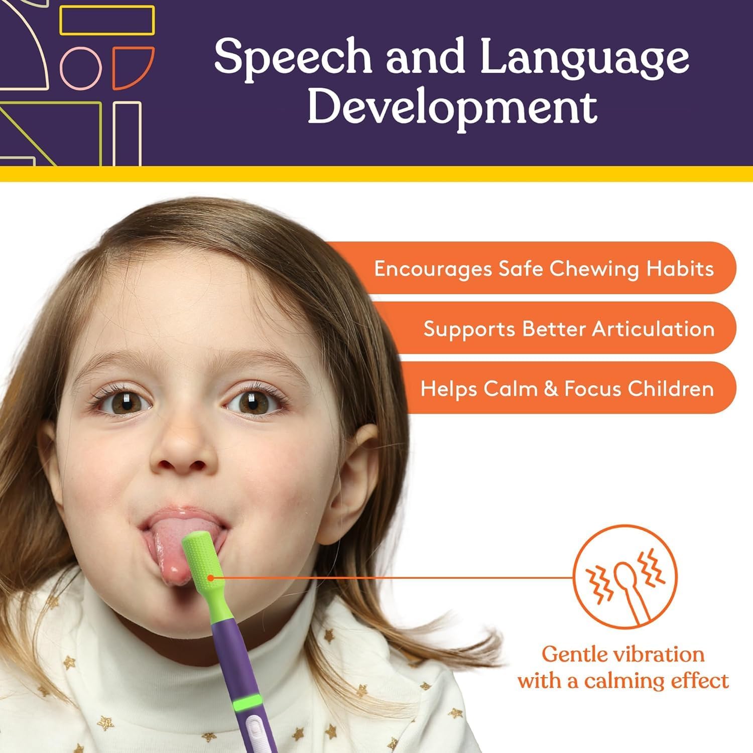Child using a purple and green device with text on speech and language development benefits.