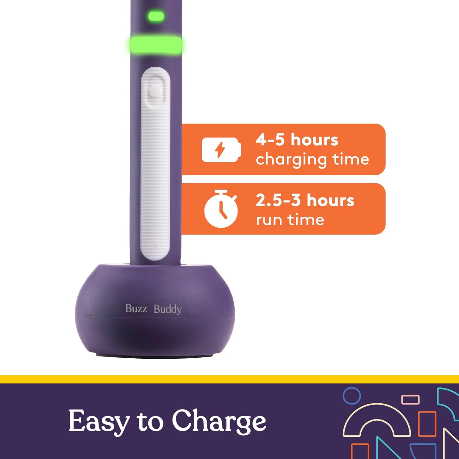Purple electronic device with charging and runtime information on a white background