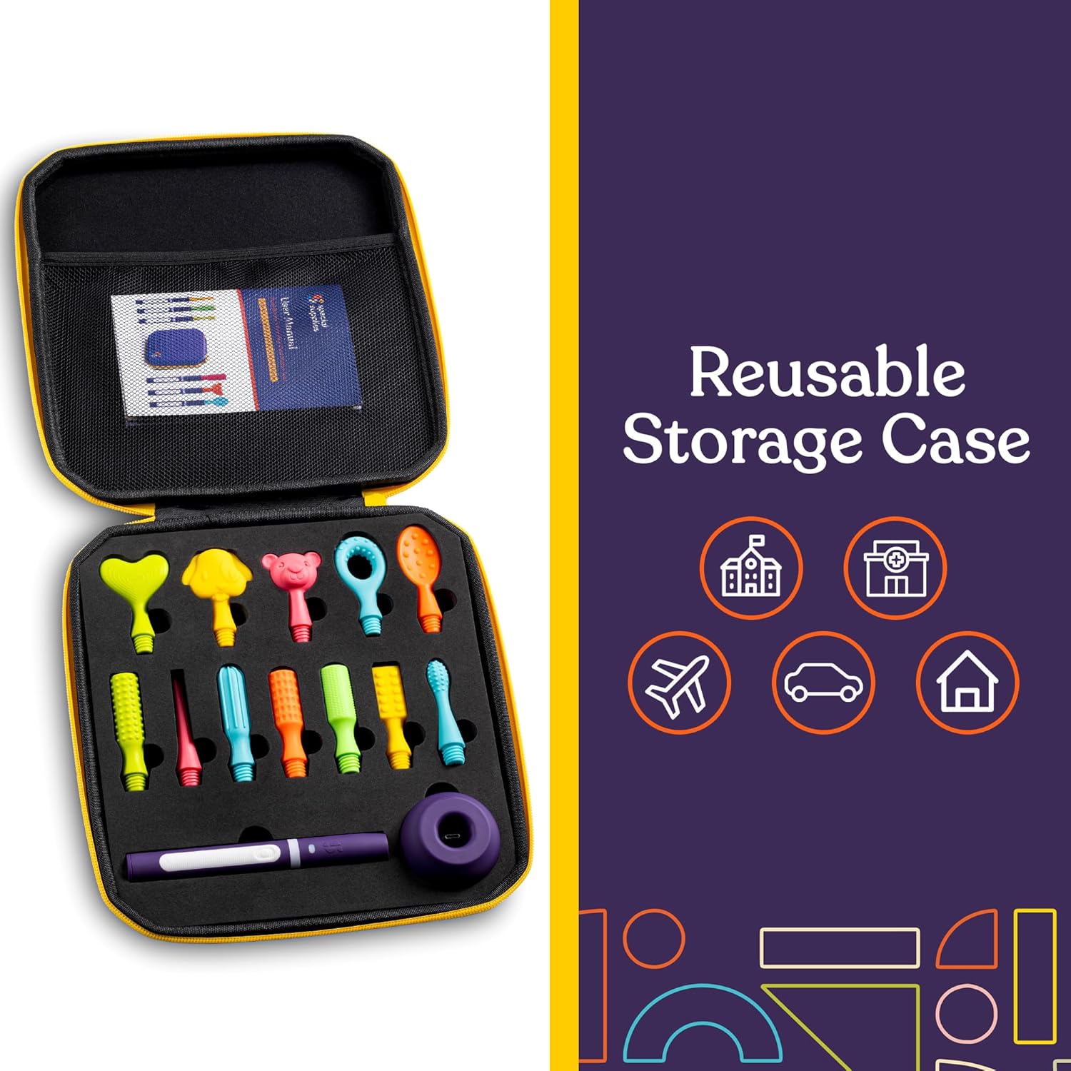 Reusable storage case with colorful tools and a purple background with icons and text.