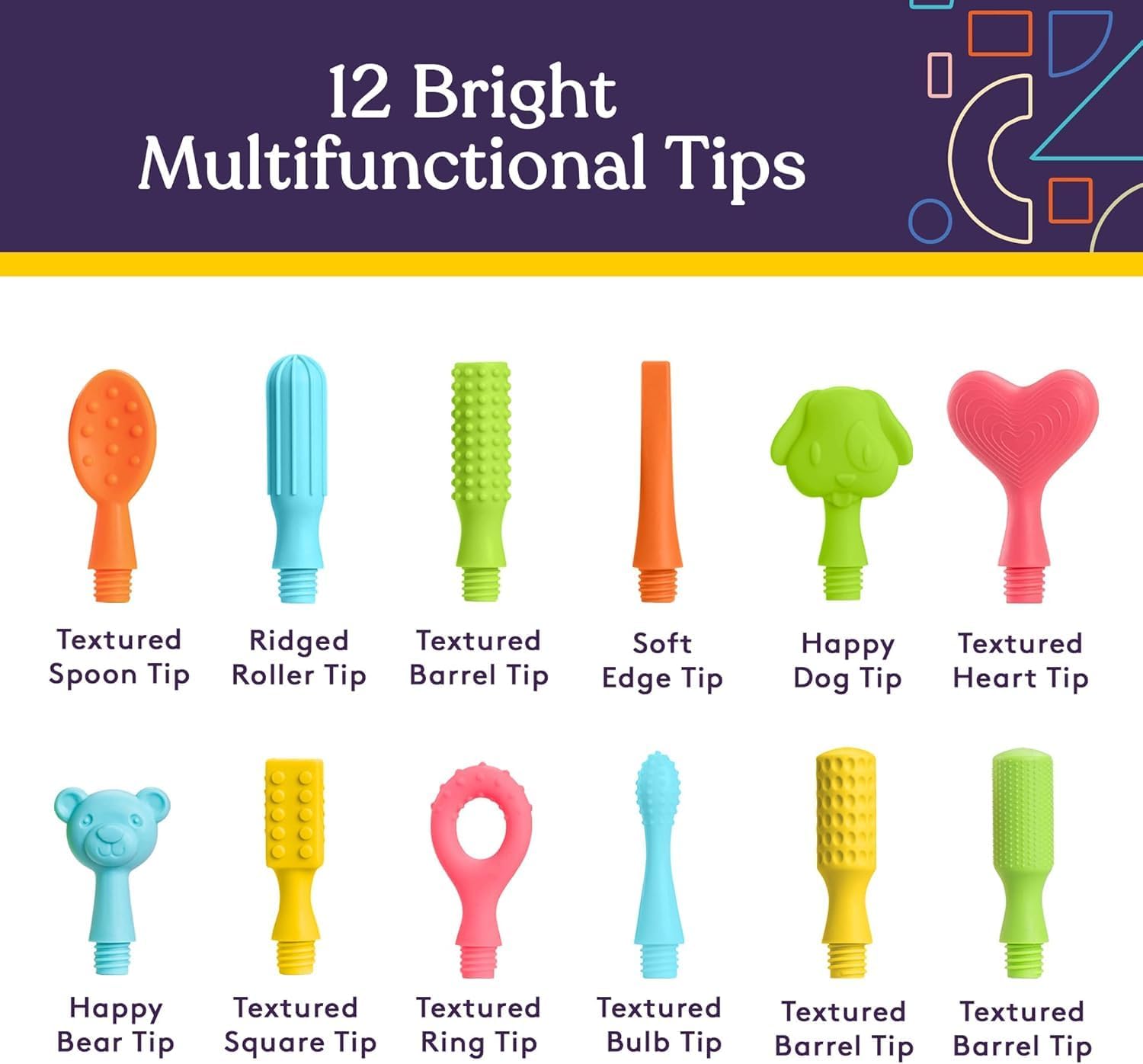 Set of 12 bright multifunctional tips with colorful handles and text labels on a blue background.