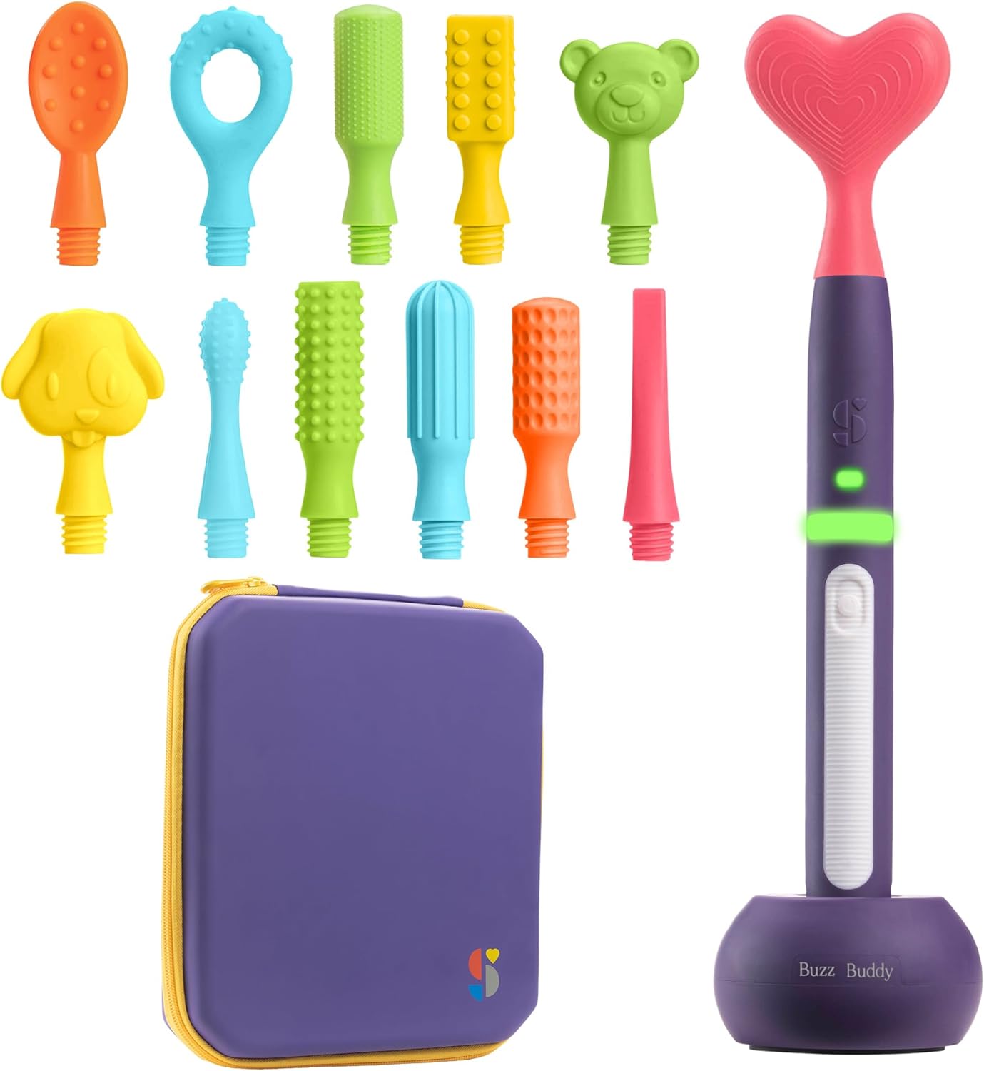 Colorful dog grooming tool set with a purple case on a white background