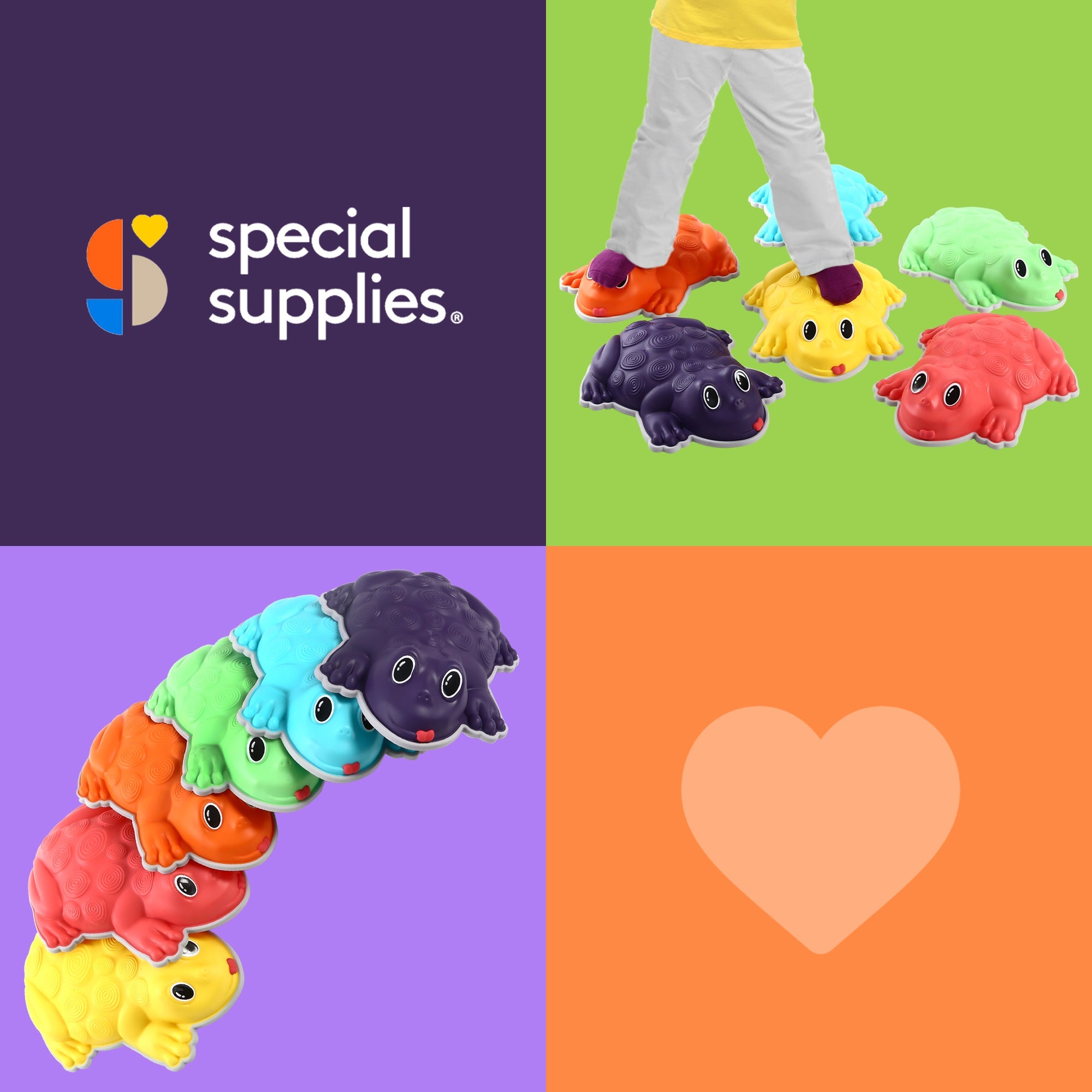 Colorful plush caterpillar toys with 'special supplies' logo and heart symbol.
