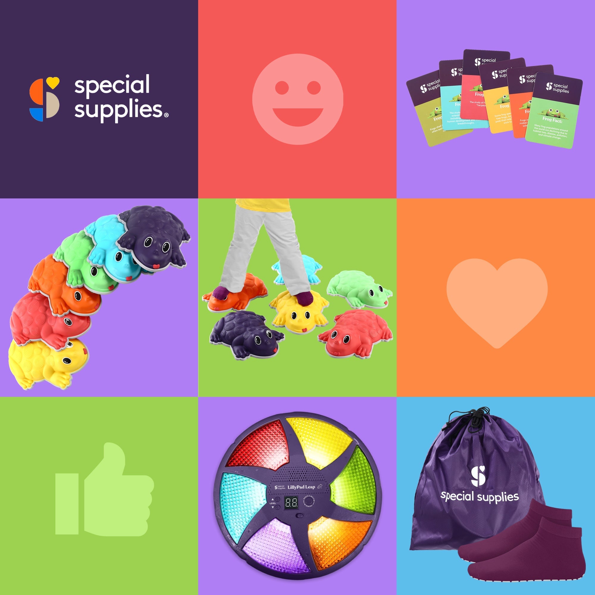 Collage of colorful products with 'Special Supplies' branding on a multicolored grid background.