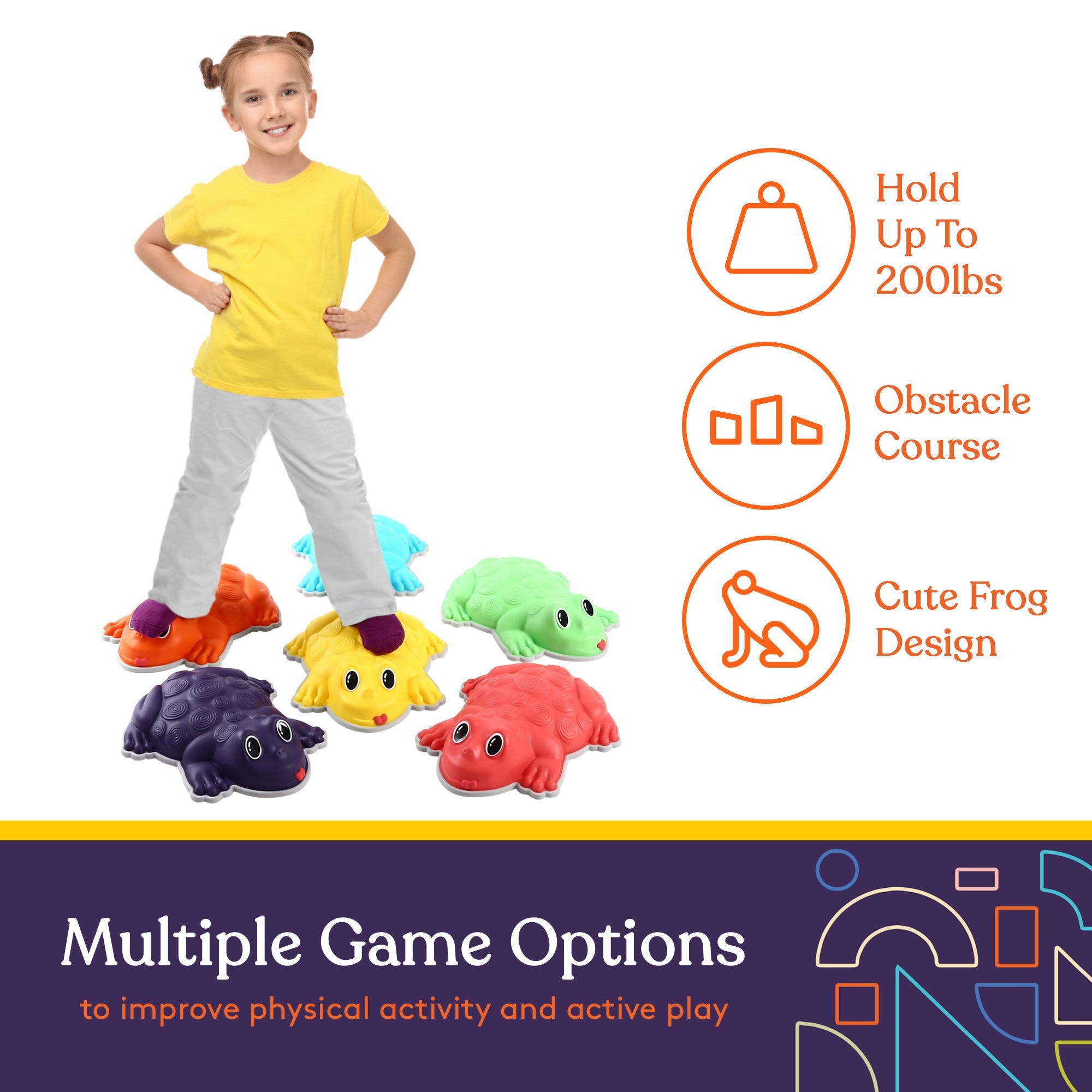 Child standing on colorful frog-shaped foam steps with product features listed.