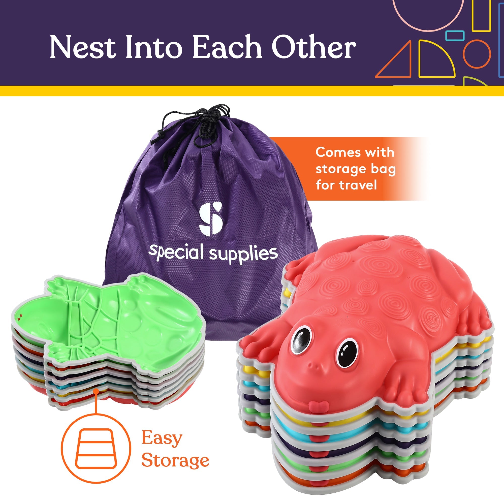 Colorful stackable toys with a storage bag labeled 'Special Supplies' on a white background.