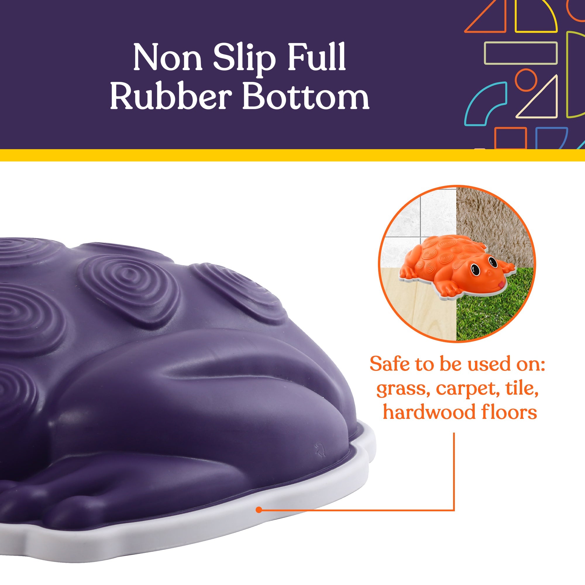 Purple frog-shaped toy with a non-slip rubber bottom on a white background
