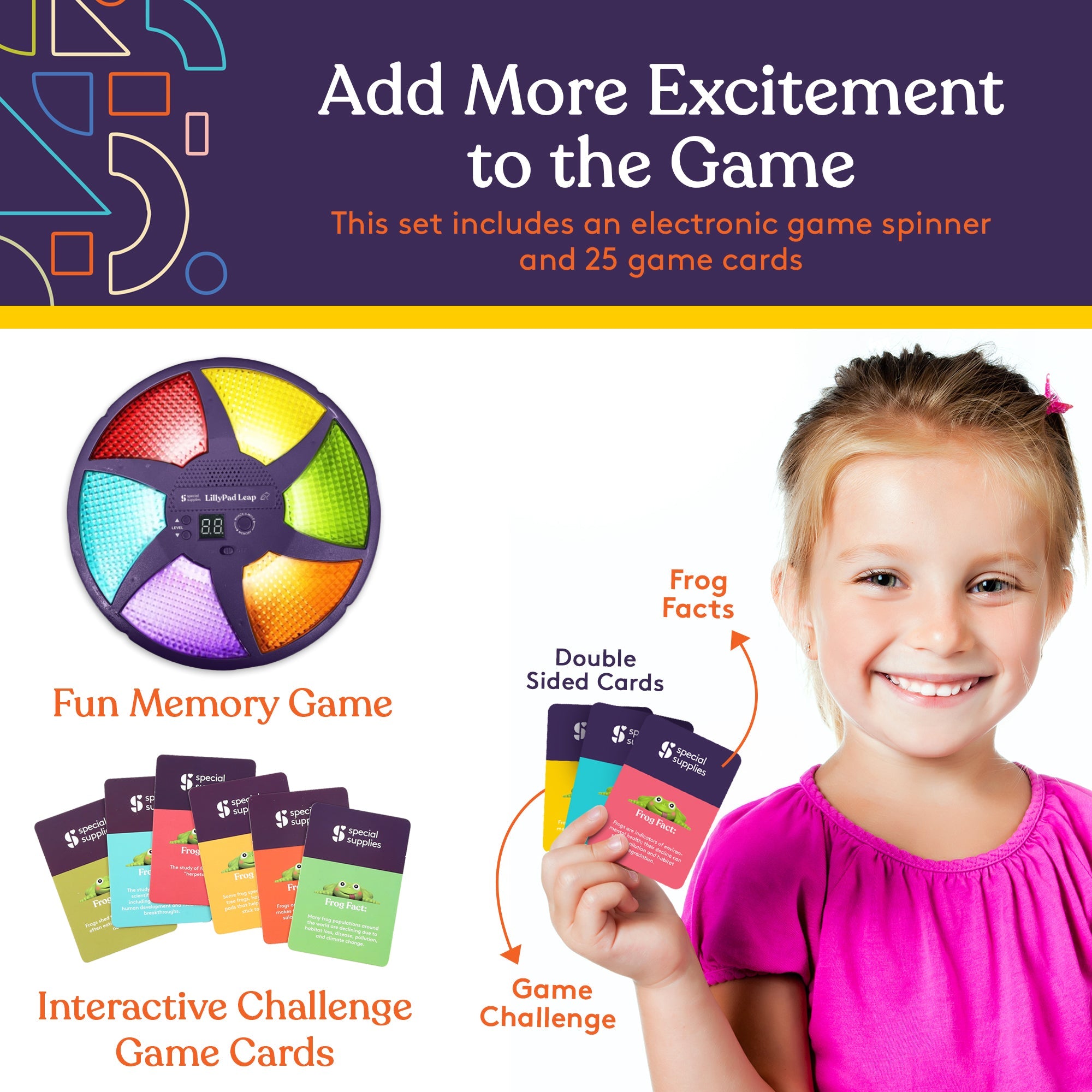 Promotional image of a game set with an electronic spinner and cards, featuring a child holding cards.