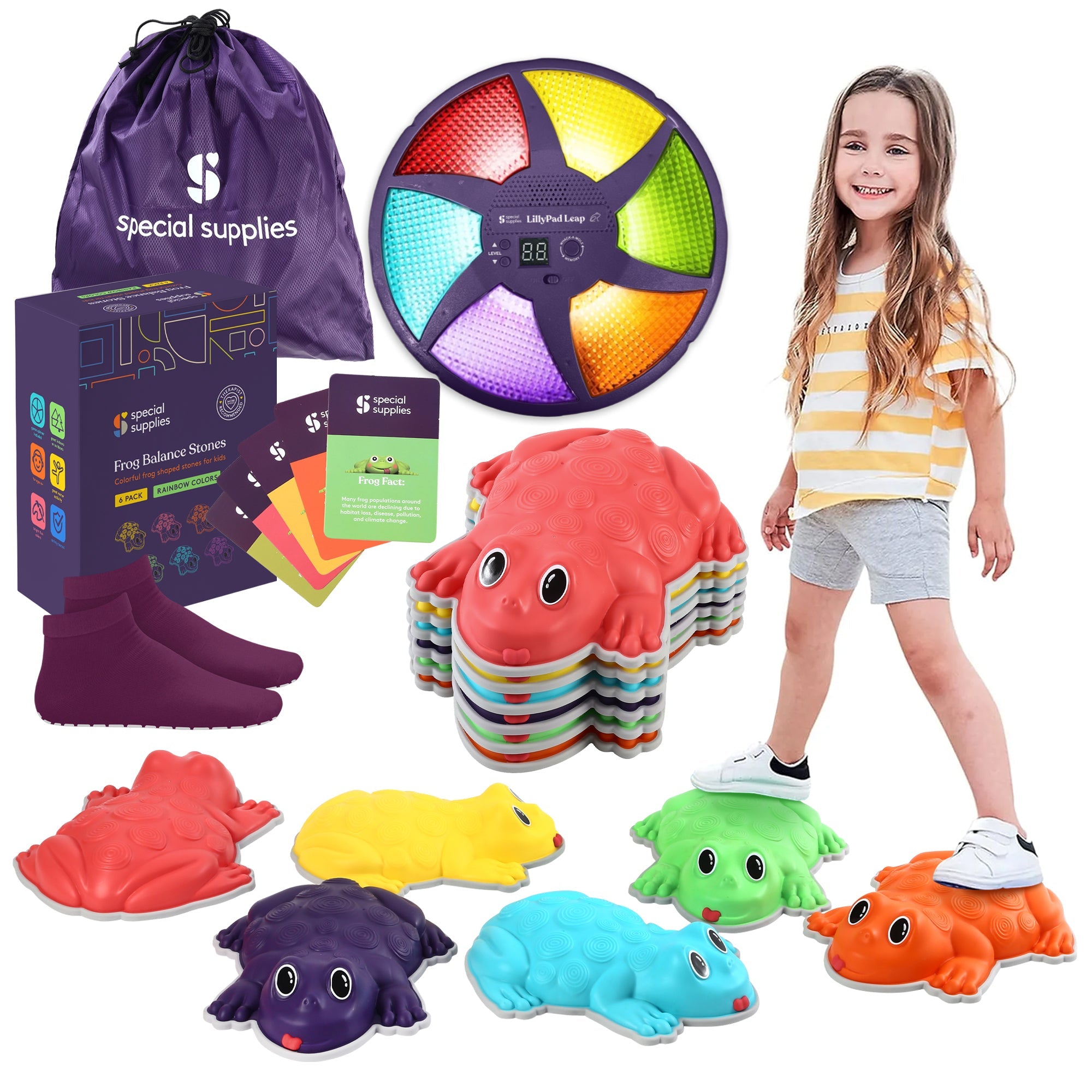Colorful frog-shaped shoes, a LED disc, and educational materials on a white background with a child standing next to the shoes.