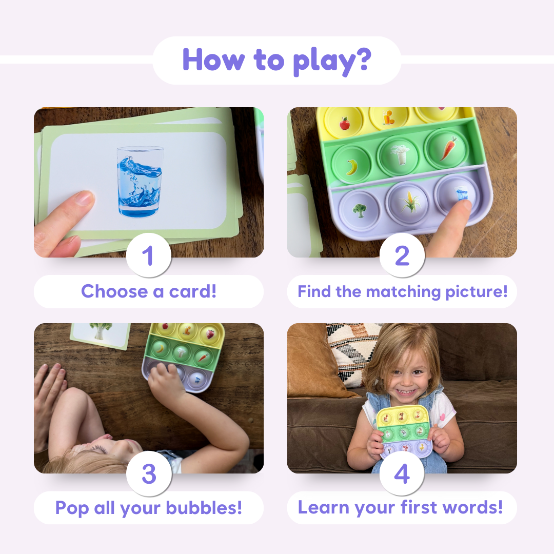 Instructions on how to play with a educational toy, including choosing a card, finding a matching picture, popping bubbles, and learning words.