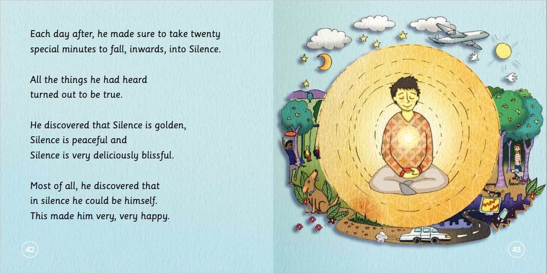 Illustration of a person meditating with a serene landscape and text about silence and happiness.