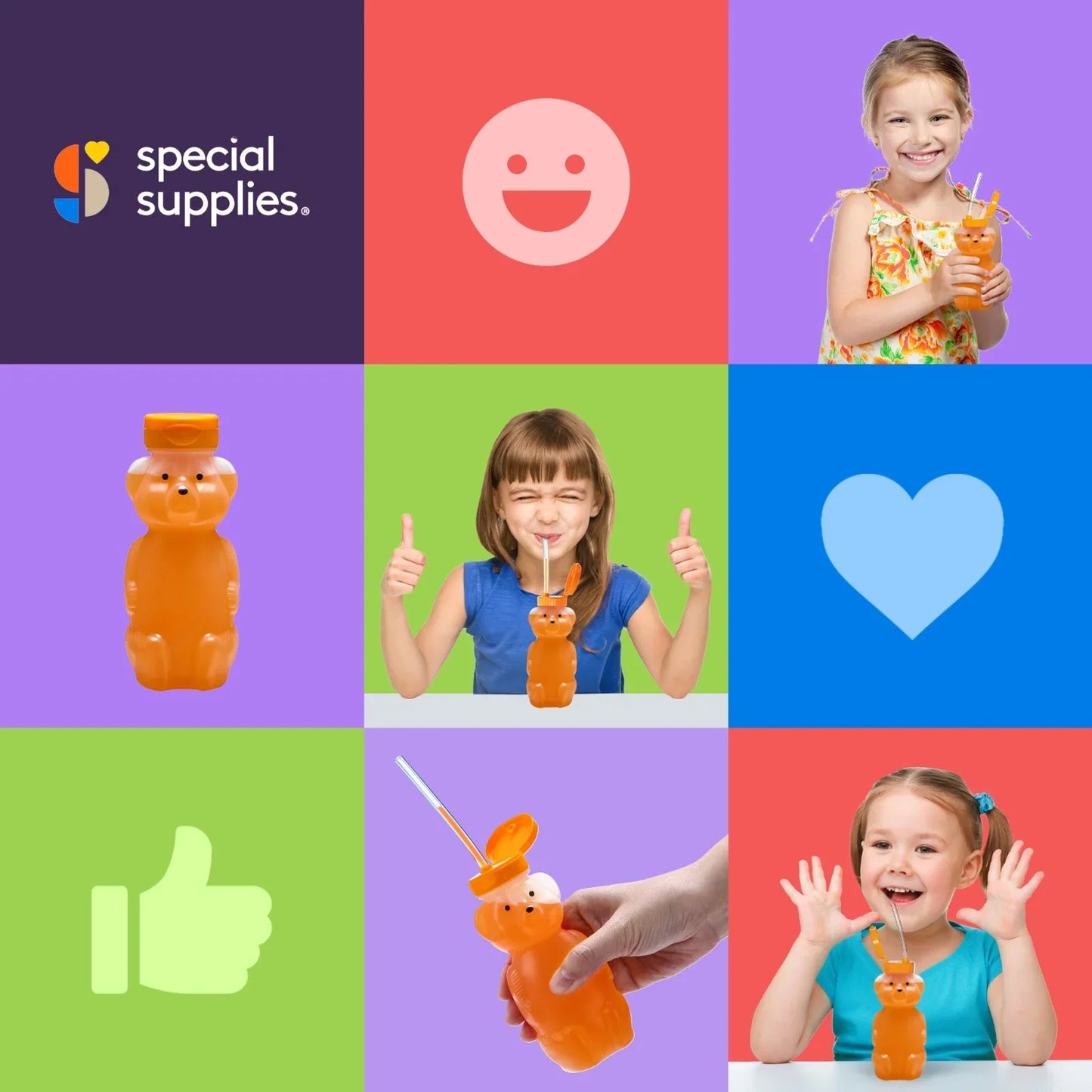 Kids using sensory-friendly bear-shaped drinking cups with straws on colorful backgrounds