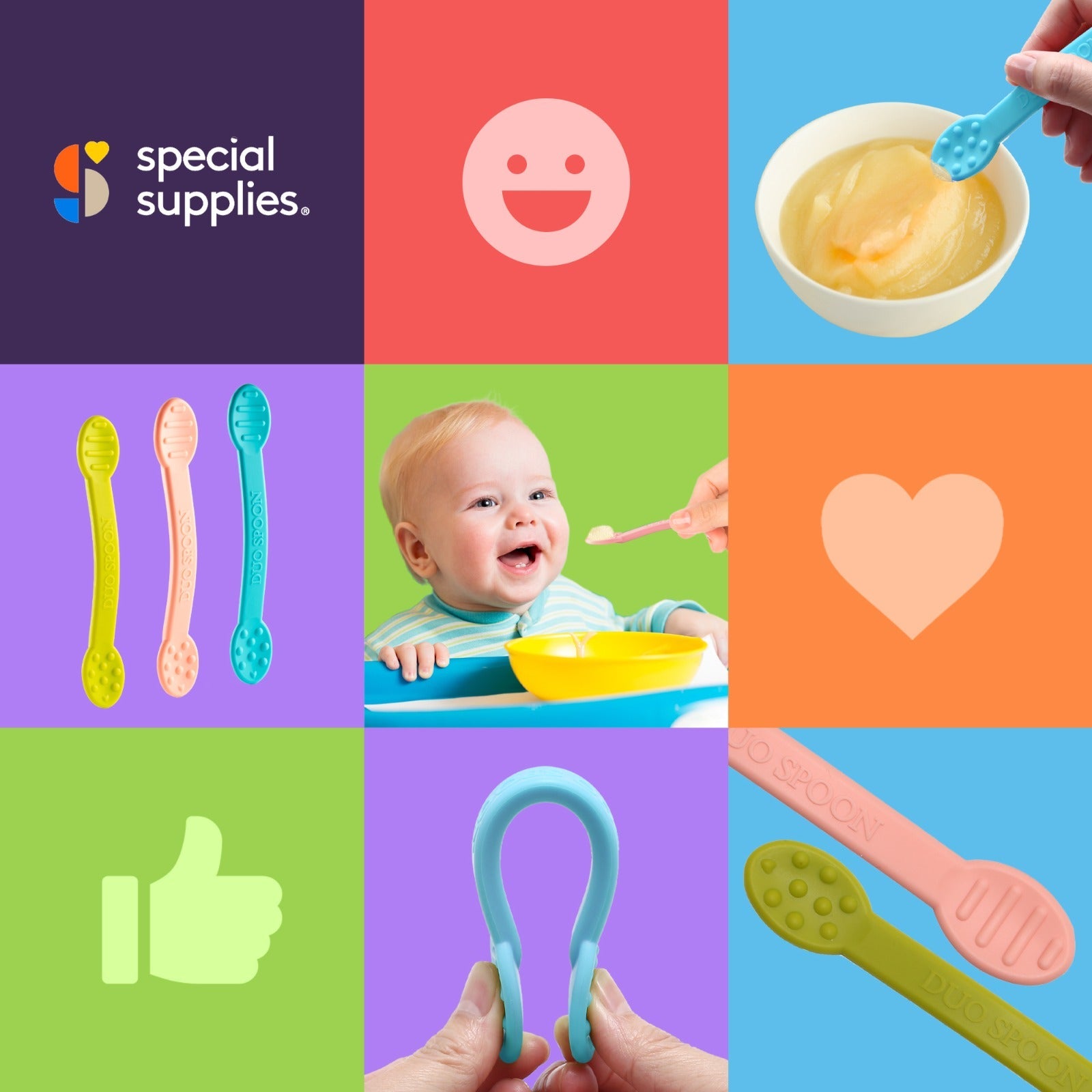 Collage of baby feeding products and smiling baby with 'Special Supplies' logo.