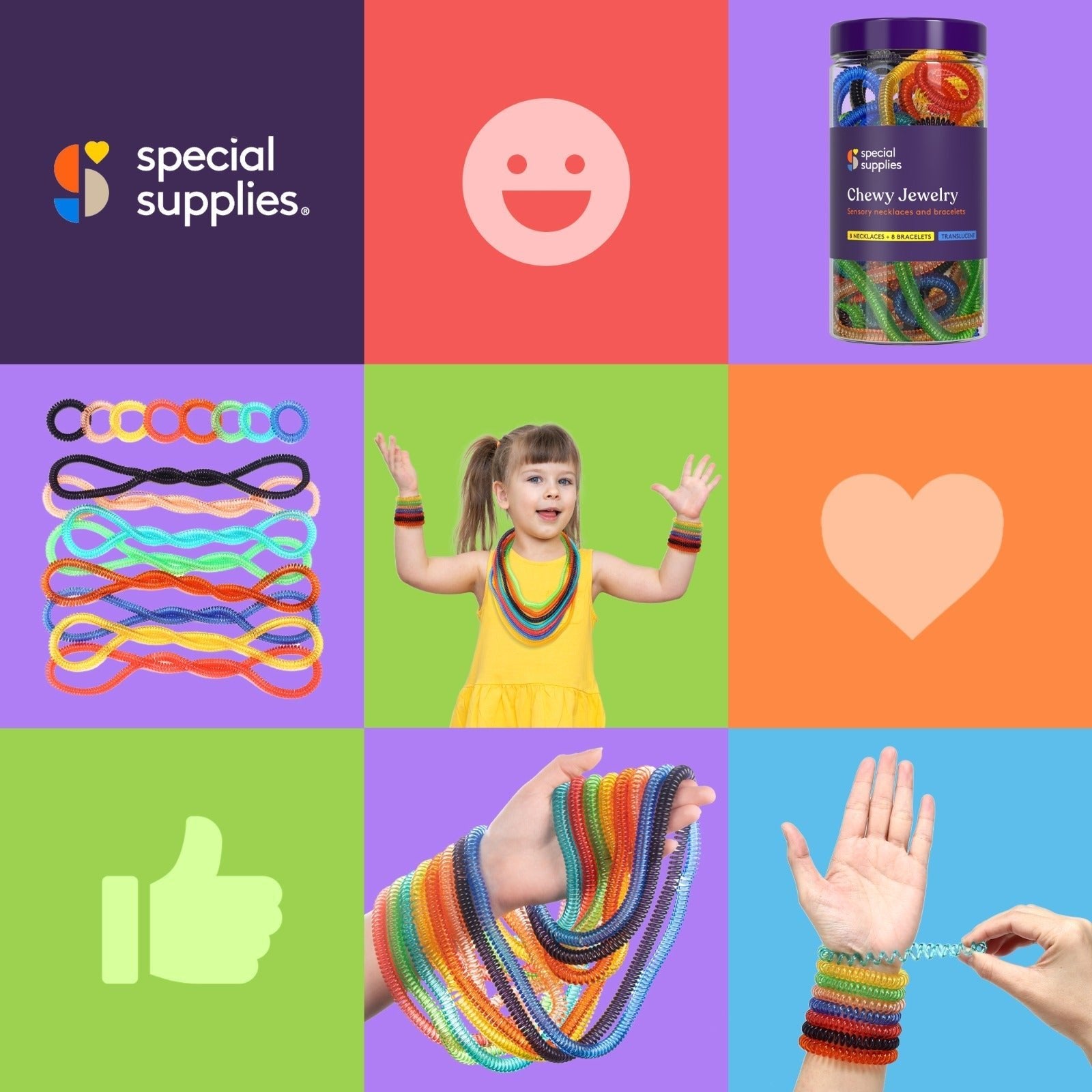 Special Supplies Chewy Jewelry Sensory Translucent Necklaces and Bracelets, 16 Pack, Soft and Flexible Silicone, Interactive Stress and Anxiety Relief for Kids, Supports ADD, ADHD, Autism - Insight Family Market