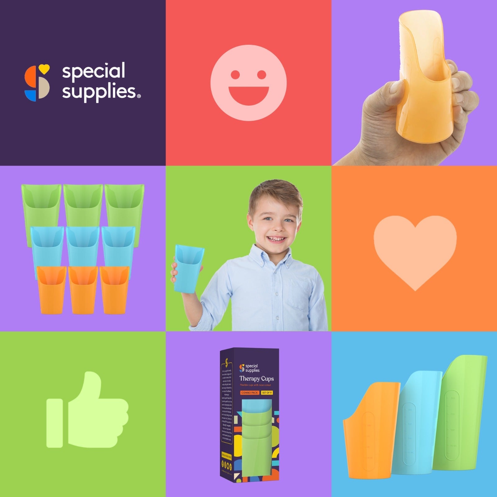 Promotional image of special supplies with colorful items and a child holding a cup.