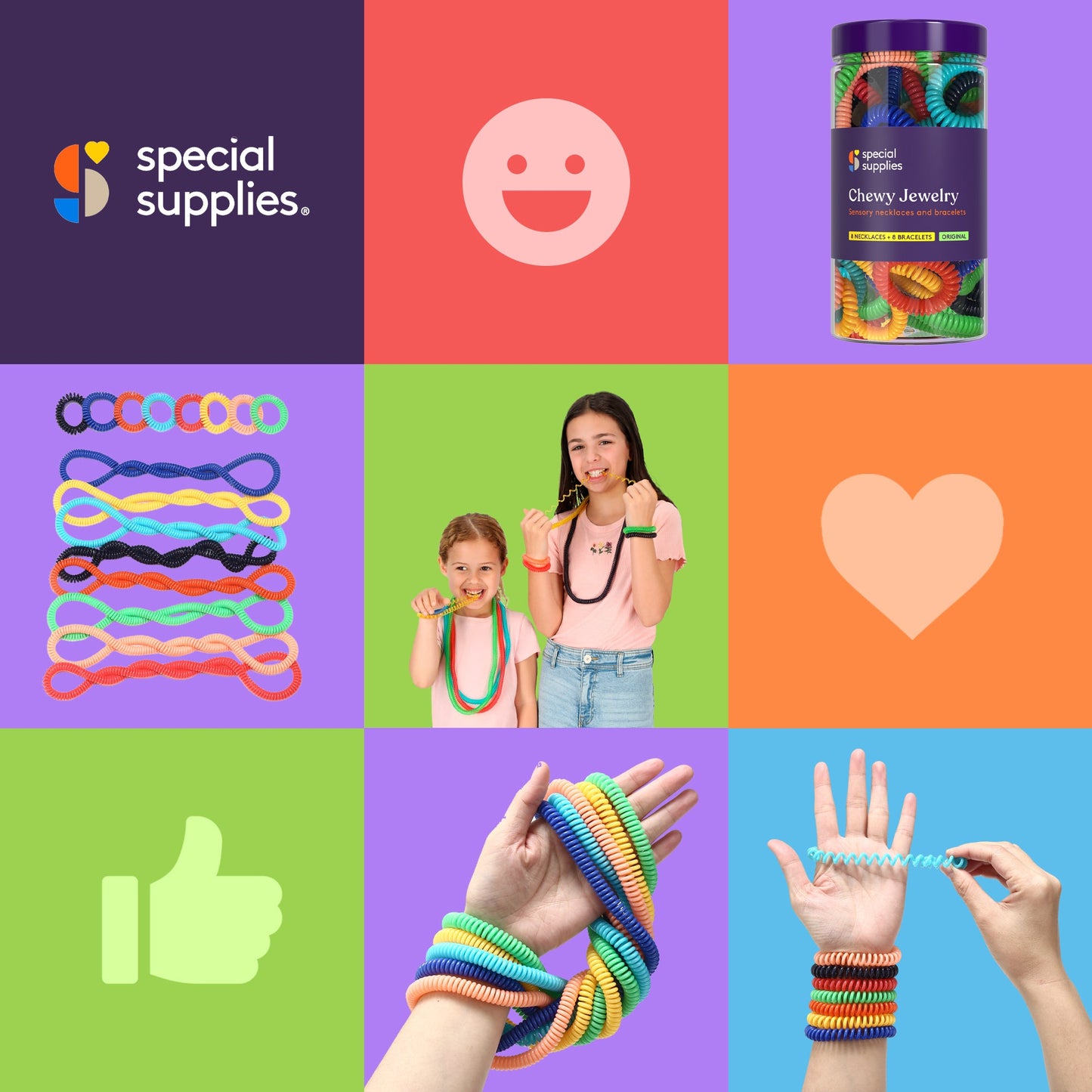 Special Supplies Chewy Jewelry Sensory Necklaces and Bracelets, 16 Pack, Soft and Flexible Silicone, Interactive Stress and Anxiety Relief for Kids, Supports ADD, ADHD, Autism