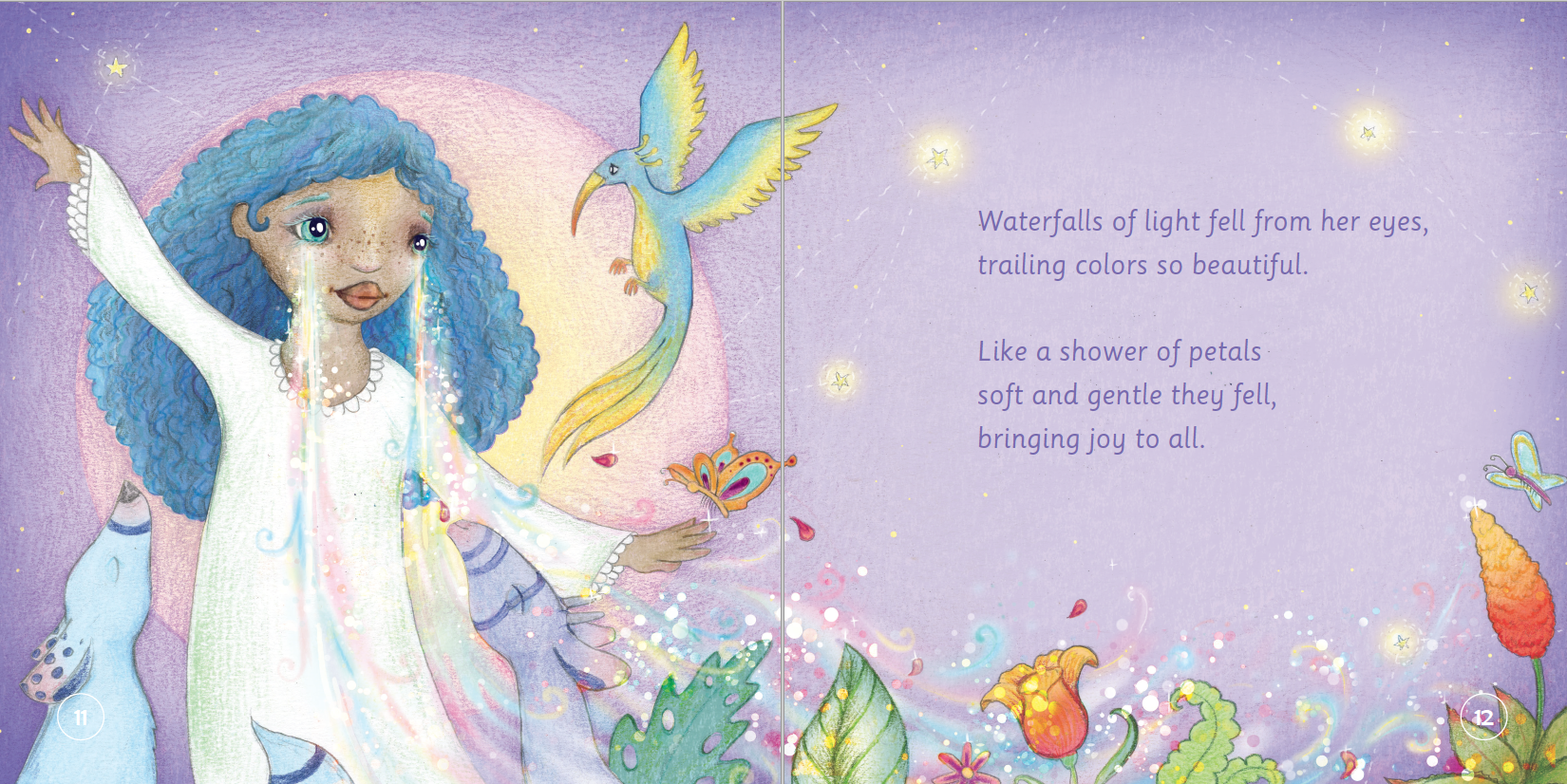 Illustration of a fairy with a bird and butterfly on a purple background