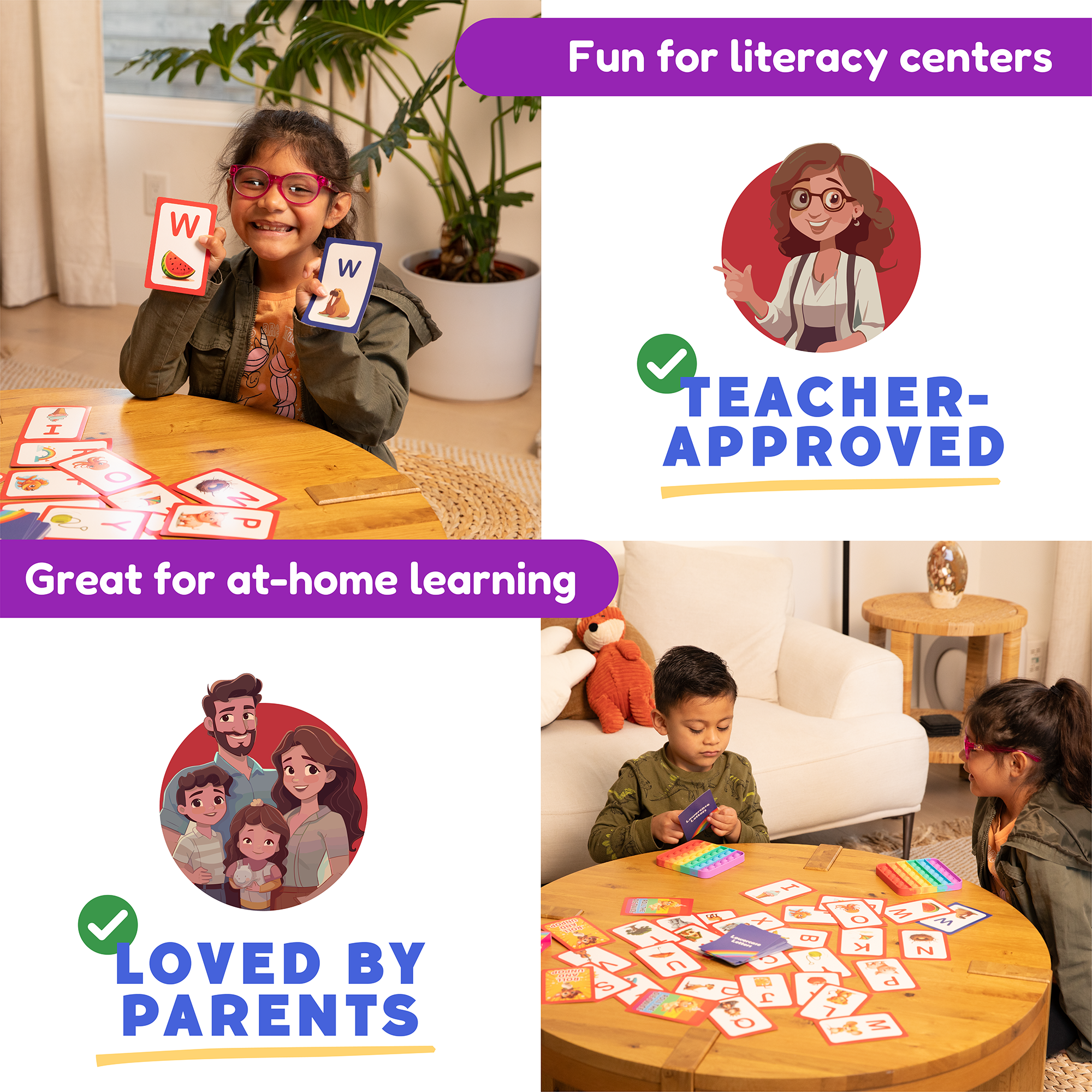 Children playing with educational cards at a table, with text indicating the product is fun for literacy centers, teacher-approved, great for at-home learning, and loved by parents.