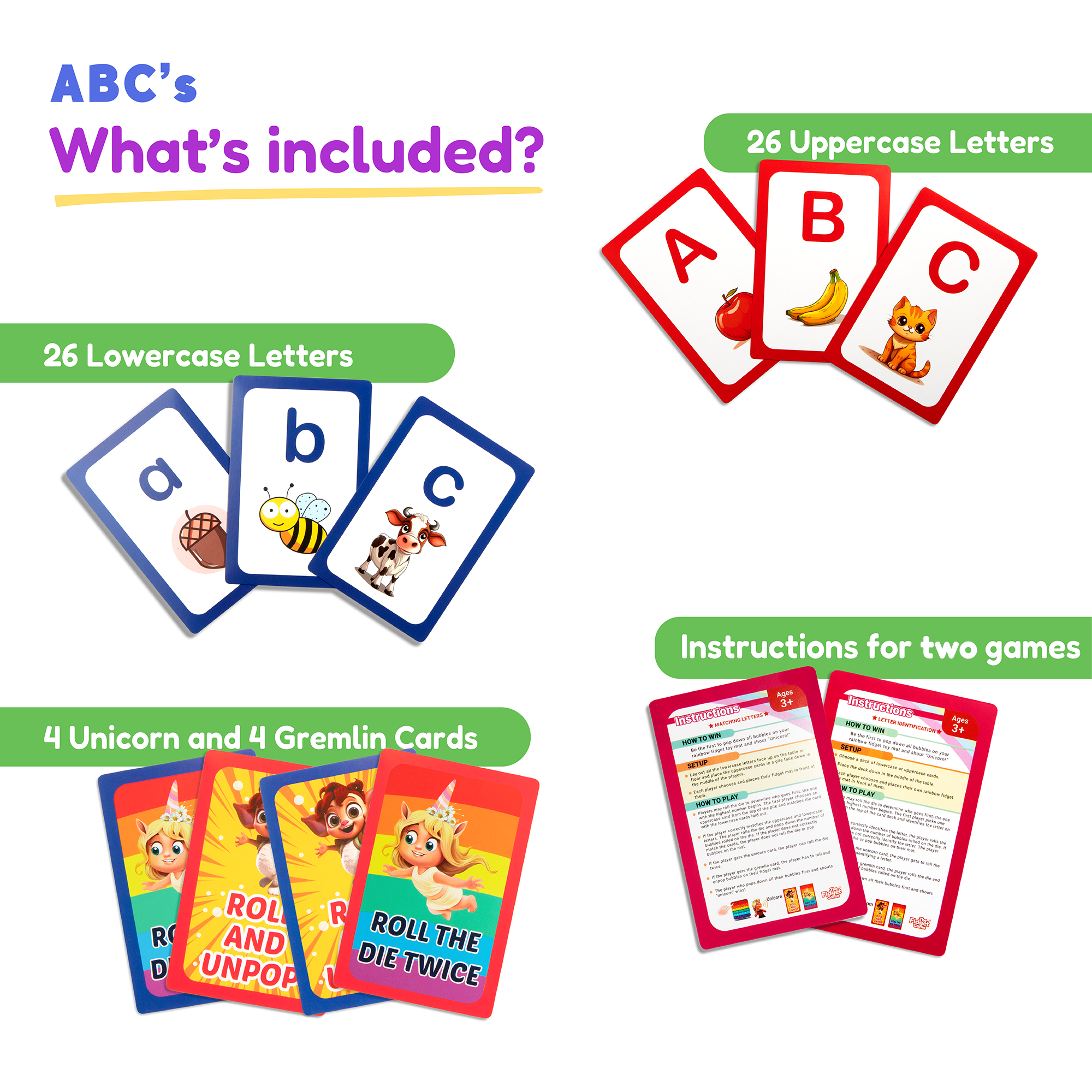 Educational card set with ABC letters, unicorns, grimmels, and game instructions on a white background.