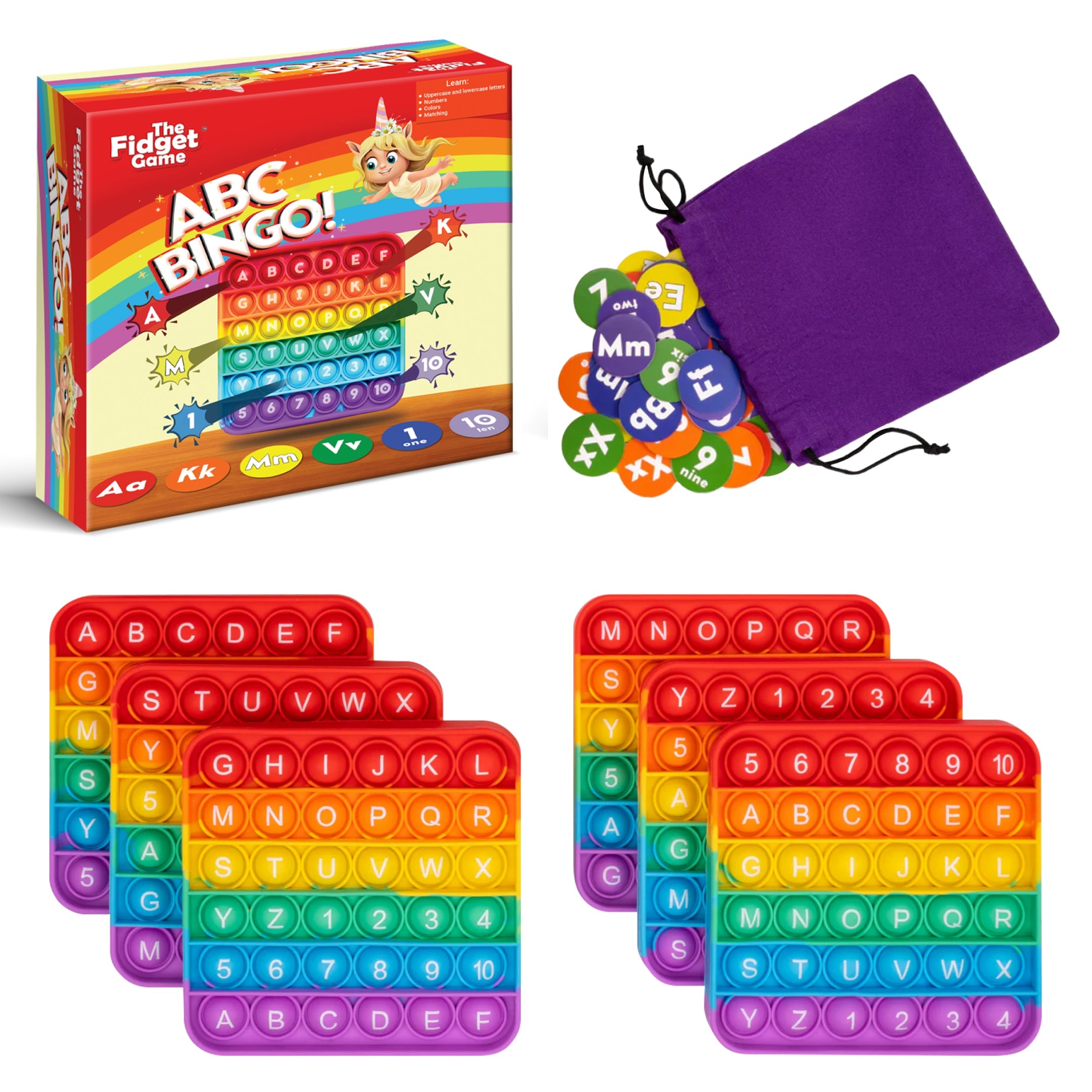 ABC Bingo game set with colorful pop-it fidget toys and packaging on a white background