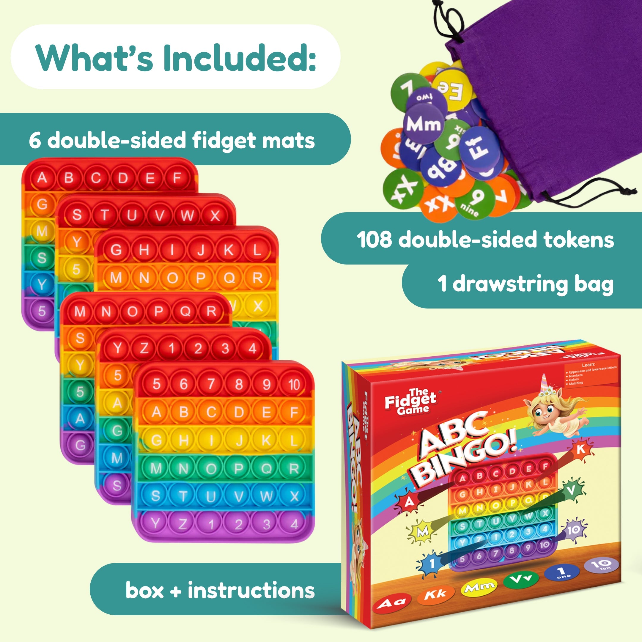 Fidget toy set with double-sided fidget mats, tokens, and ABC Bingo game box on a light green background.