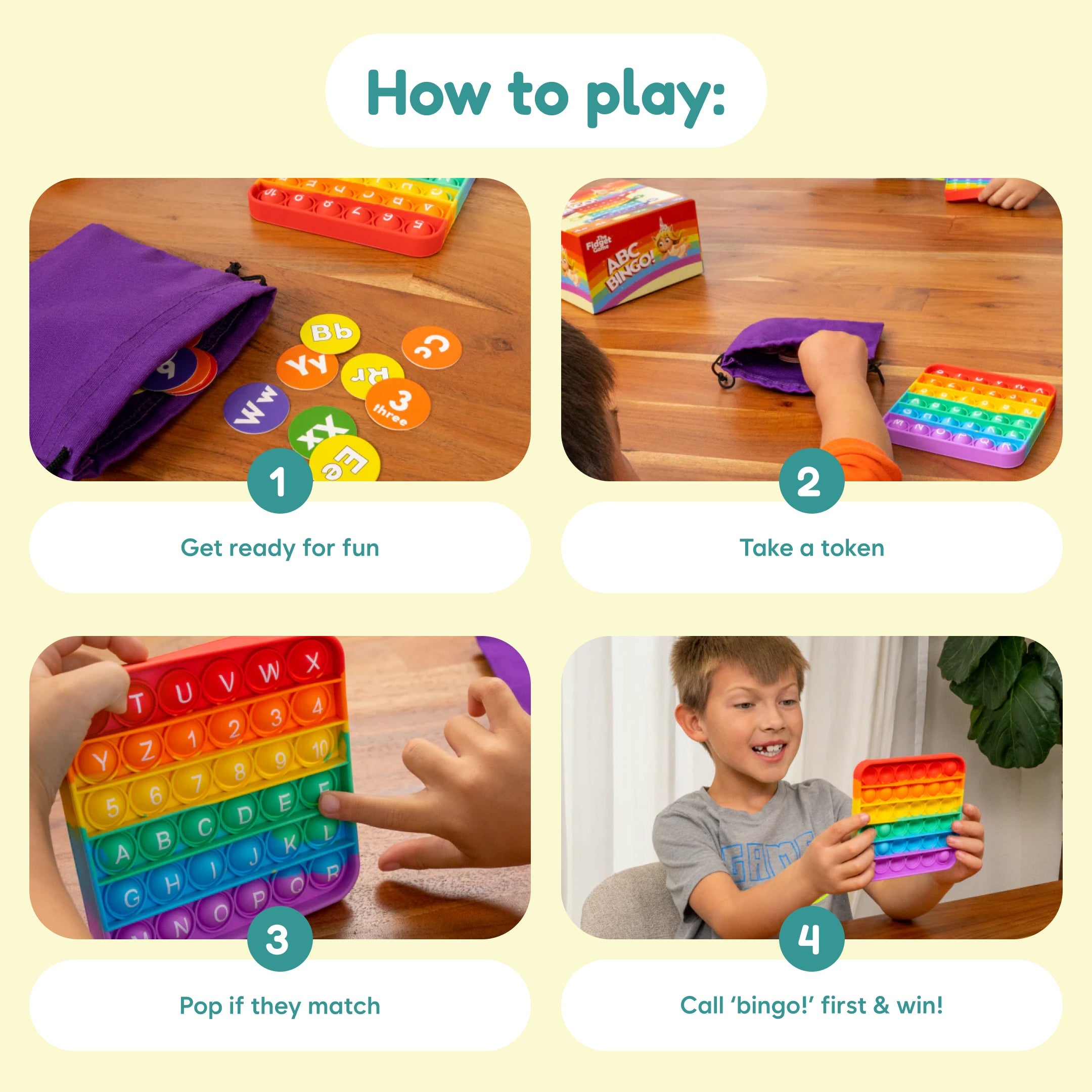 Instructions on how to play a game with colorful pop-it toys and a purple pouch.