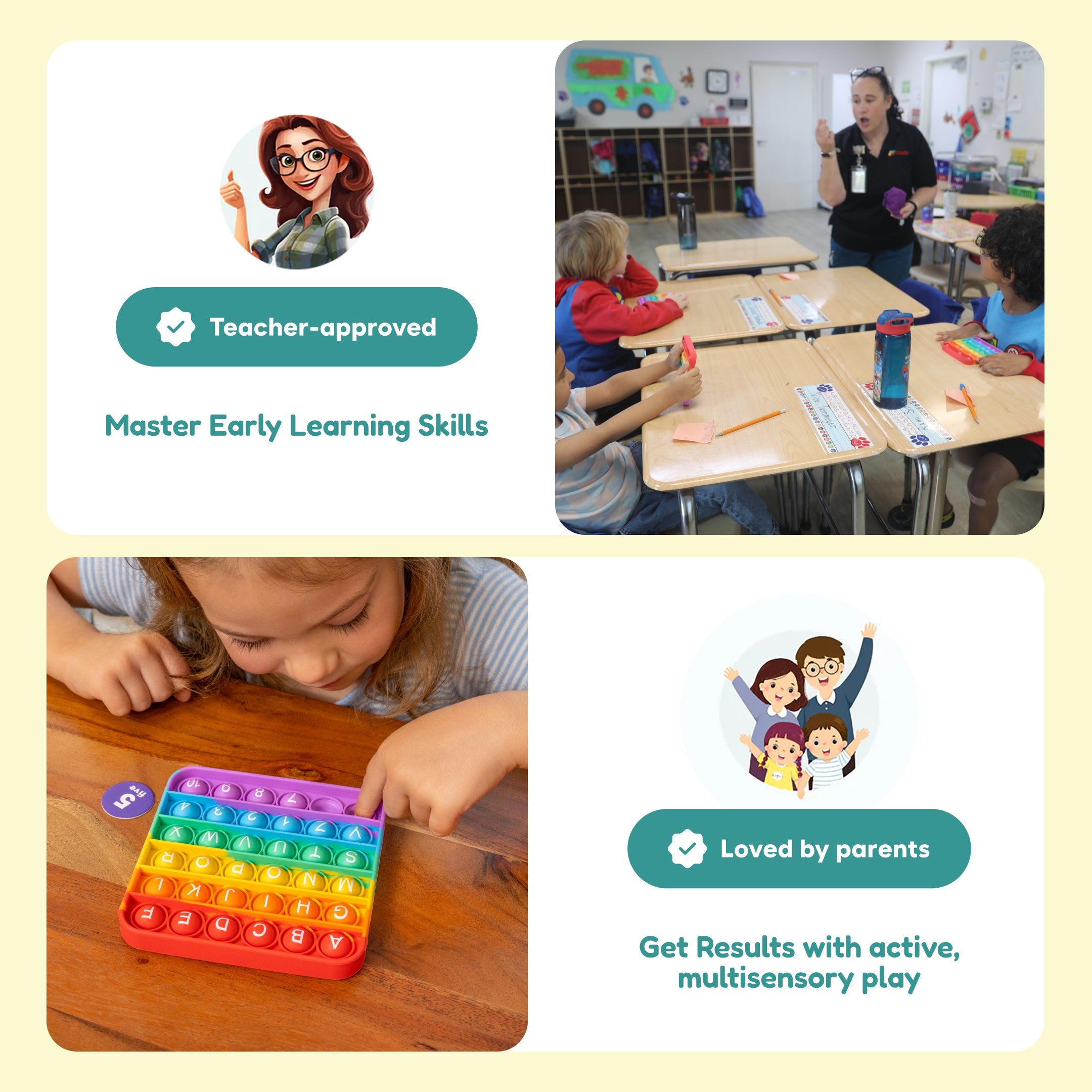 Educational product with text about teacher-approved learning skills and parent-loved play.