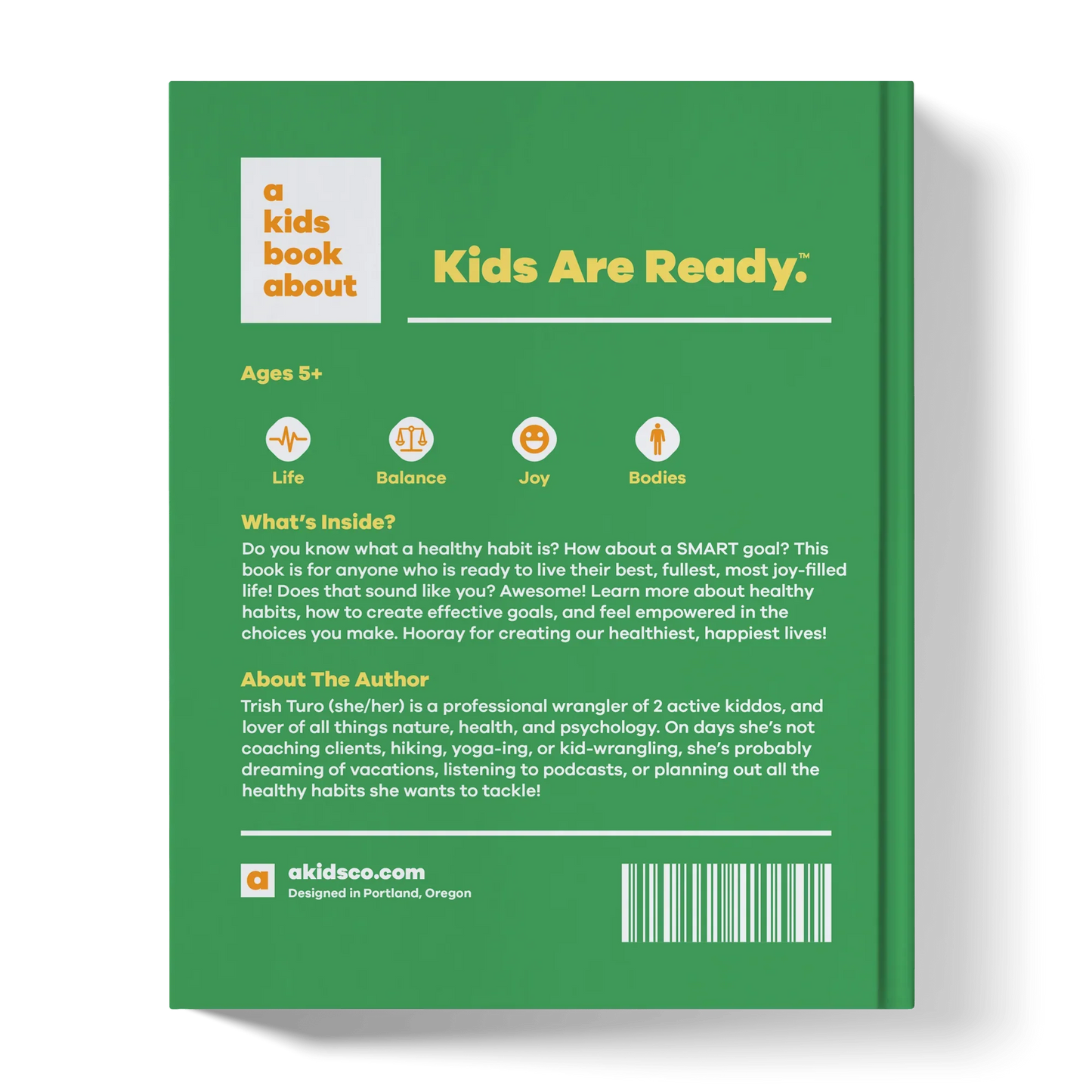 Back cover of children's book on healthy habits for ages 5+, green background with icons and text.