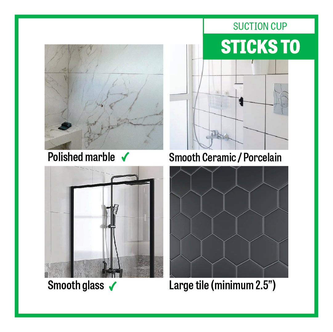Product advertisement showing compatibility with polished marble, smooth ceramic, glass, and large tiles.