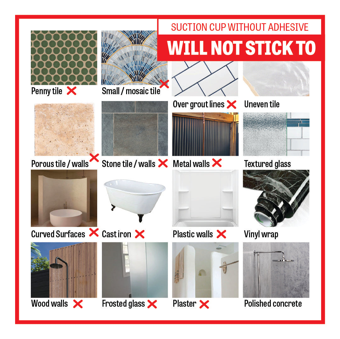 Product feature card showing surfaces that a suction cup without adhesive will not stick to.