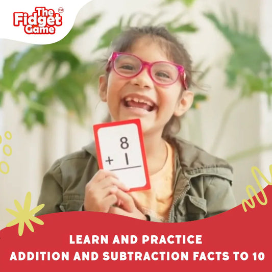 Smiling child with pink glasses holding math flashcard, learning addition and subtraction