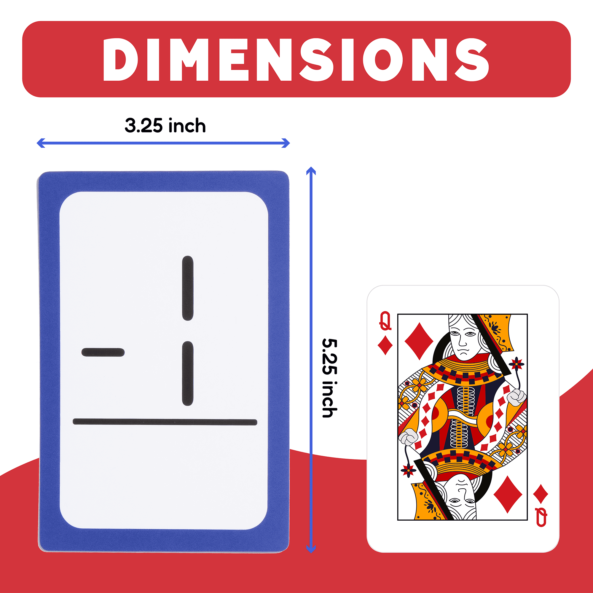 Playing card dimensions shown with a blue card and a Queen of Diamonds card on a red background.