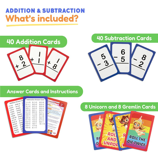 Addition and subtraction flash card set for kids with answer cards, unicorn and gremlin cards.
